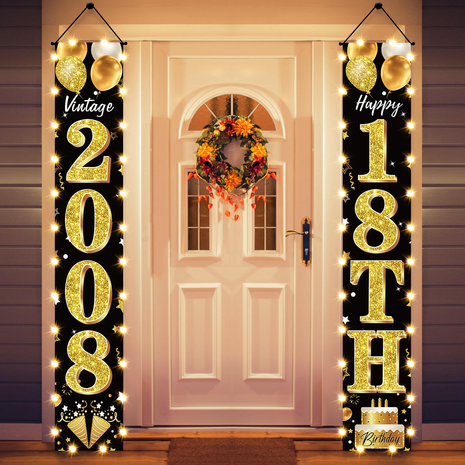 18th Birthday Party Banner Lighted Decorations for Men and Women - Black Gold Vintage 2008 18th Birthday Door Banners with LED Light, Eighteen Years Birthday Party Supplies for Indoor Outdoor Decor