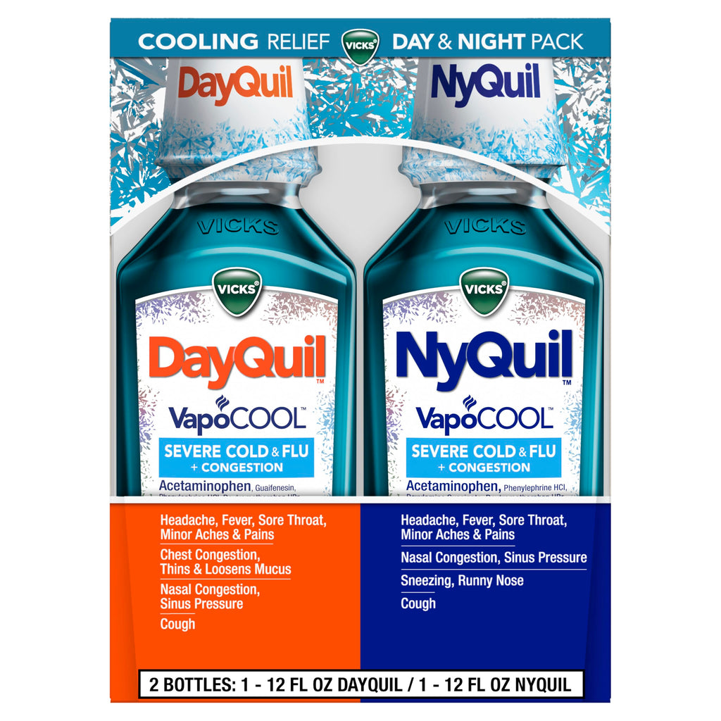 Vicks DayQuil & NyQuil SEVERE Cold & Flu Medicine, Relief for Headache, Fever, Sore Throat, Minor Aches & Pains, Nasal Congestion, Sinus Pressure, Stuffy Nose, and Cough, Co-Pack, 2 x 12 OZ