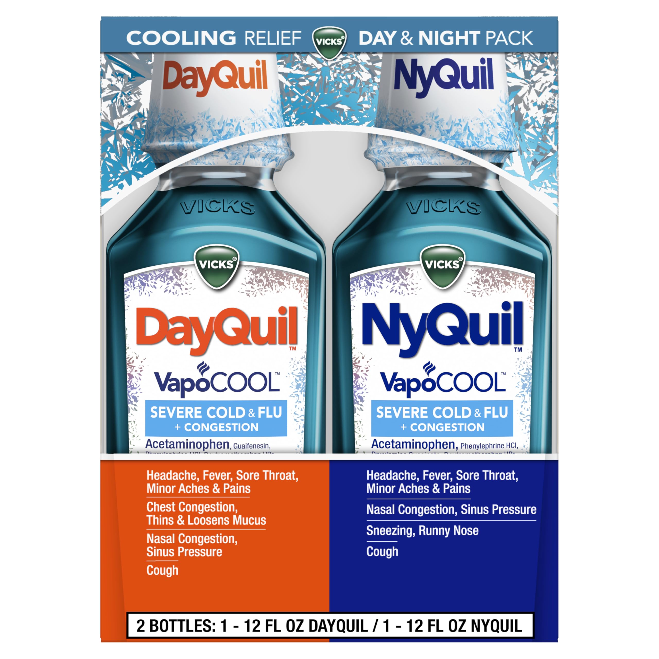 Vicks DayQuil & NyQuil SEVERE Cold & Flu Medicine, Relief for Headache, Fever, Sore Throat, Minor Aches & Pains, Nasal Congestion, Sinus Pressure, Stuffy Nose, and Cough, Co-Pack, 2 x 12 OZ