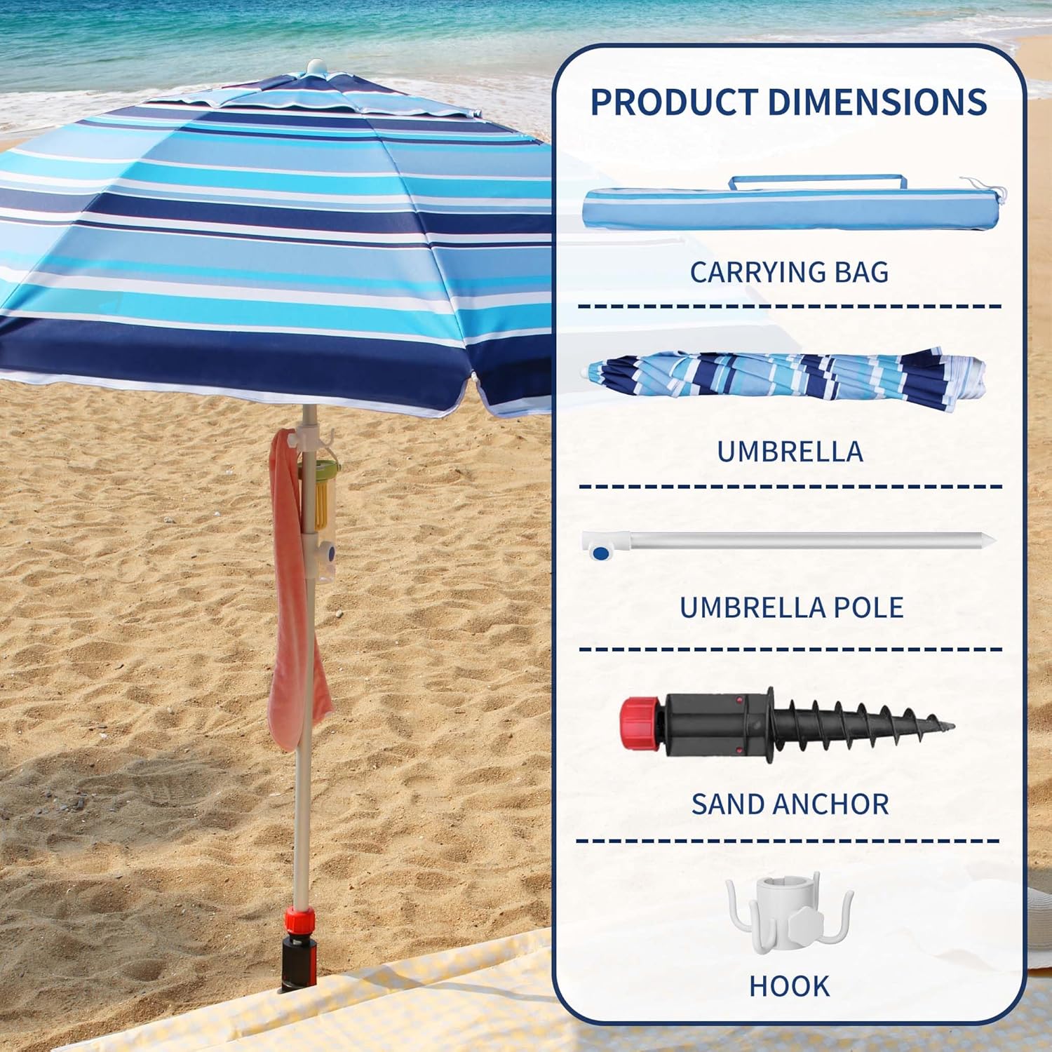 Deluwire 7ft Heavy Duty High Wind Beach Umbrella Parasols with sand anchor & Tilt Sun Shelter, UV 50+ Protection Outdoor Sunshade Umbrellas Carry Bag for Patio Garden Pool Backyard Stripe Blue insert completely into the sand