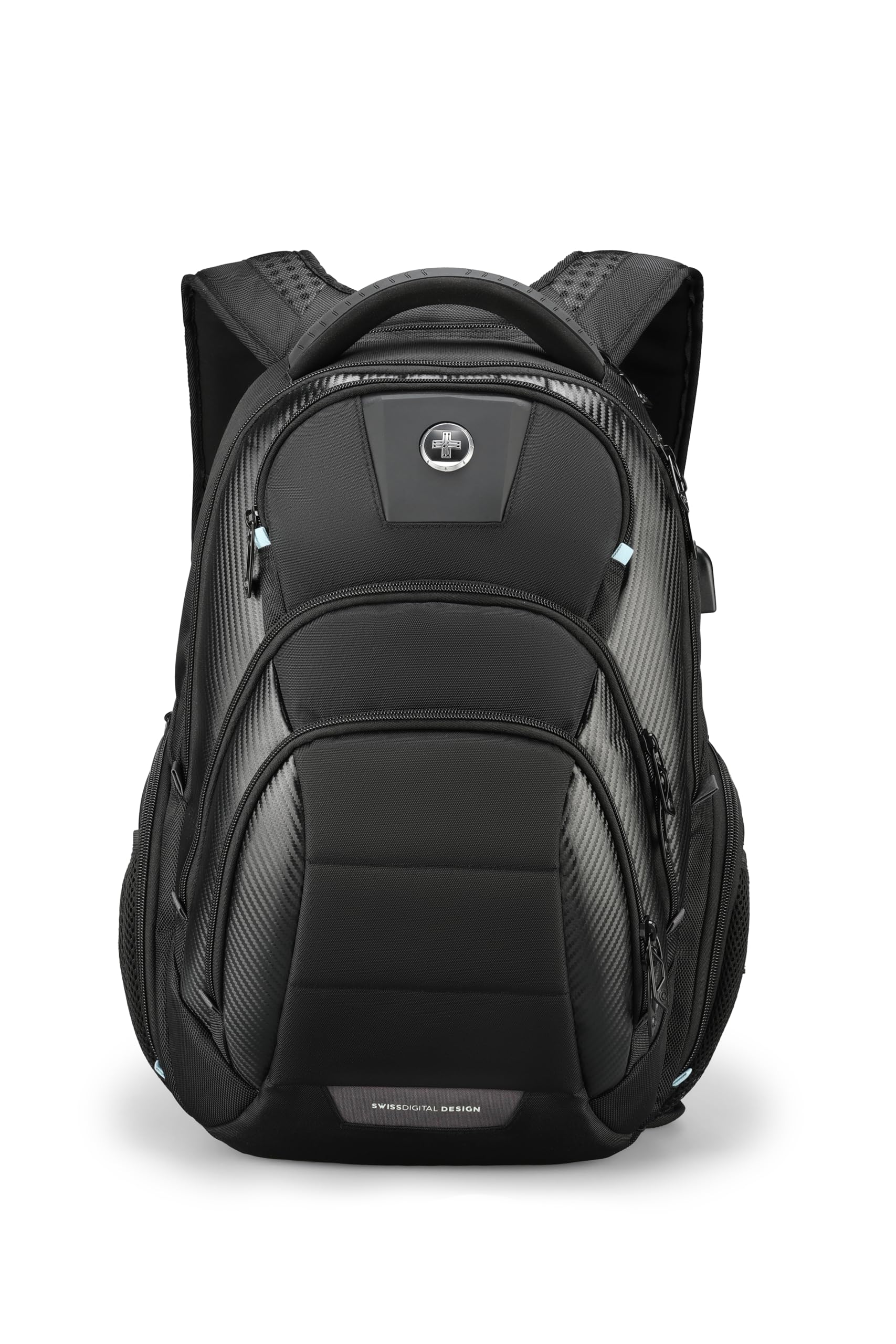 Swissdigital Design Travel Backpack for Women or Men, TSA Friendly USB Charging RFID Protection Business Carry on Bag Fits 15.6" Laptop Backpack Black | J14-BR