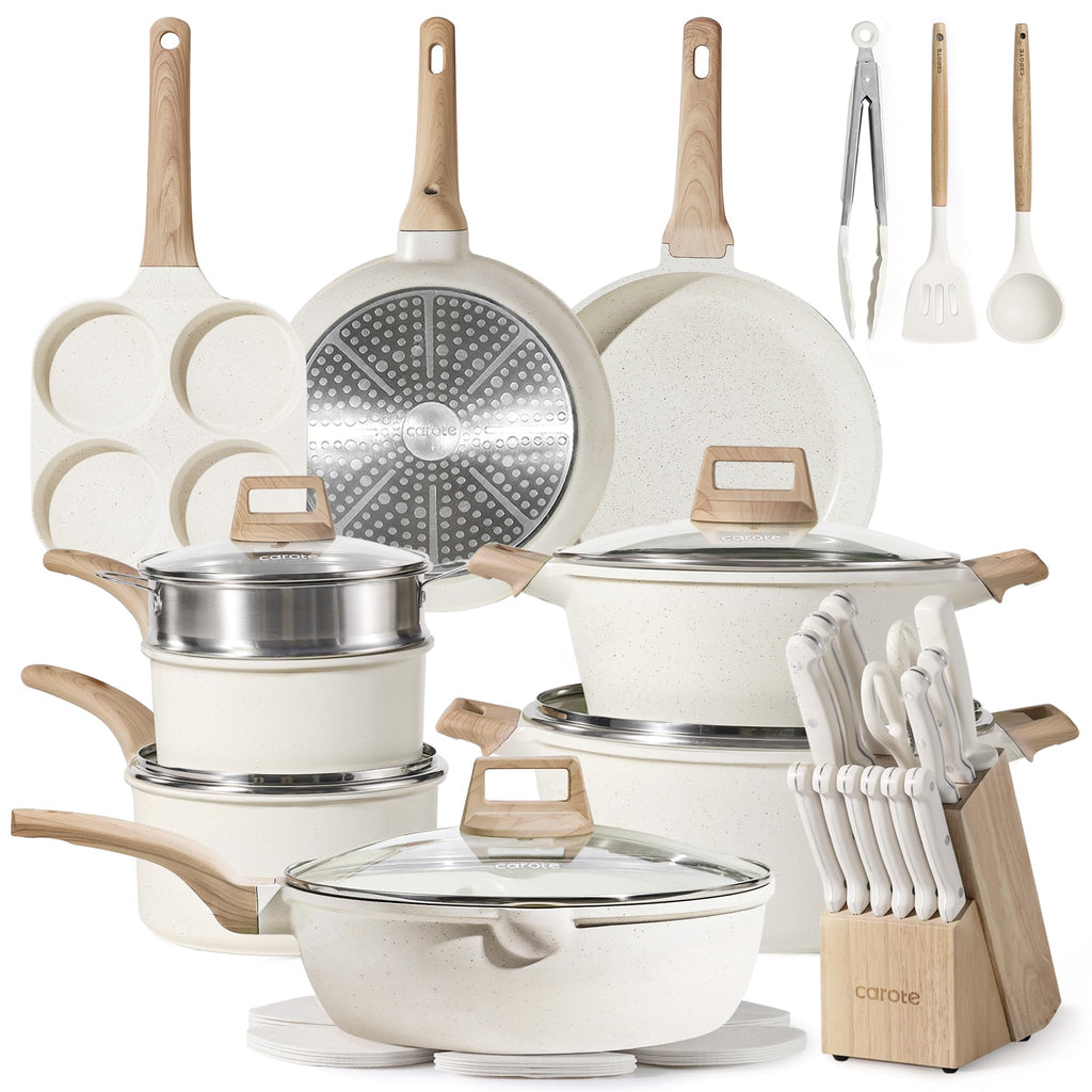CAROTE 21pcs Pots and Pans Set Nonstick, Cookware Set Black Induction Kitchen Cooking Set w/Frying Pans & Saucepans(PFOS, PFOA Free)