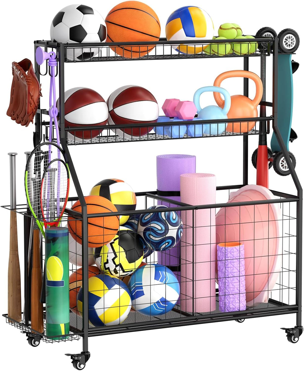 Organizador de garaje para equipos deportivos, estante de almacenamiento de bolas de garaje resistente con canasta, ganchos y carrito rodante para equipo deportivo y almacenamiento de juguetes, uso en