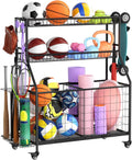 Organizador de garaje para equipos deportivos, estante de almacenamiento de bolas de garaje resistente con canasta, ganchos y carrito rodante para equipo deportivo y almacenamiento de juguetes, uso en