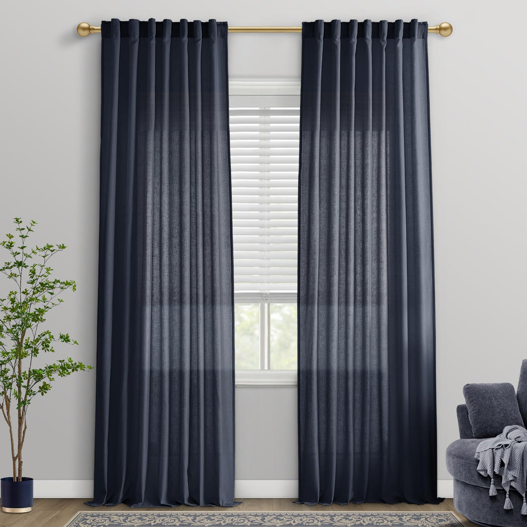 Black Linen Cotton Blend Sheer Curtains, Moody Light Filtering Drapes for Dark Academia Inspired Study Bedroom Living Room, 84 Inch Long 2 Panels Set