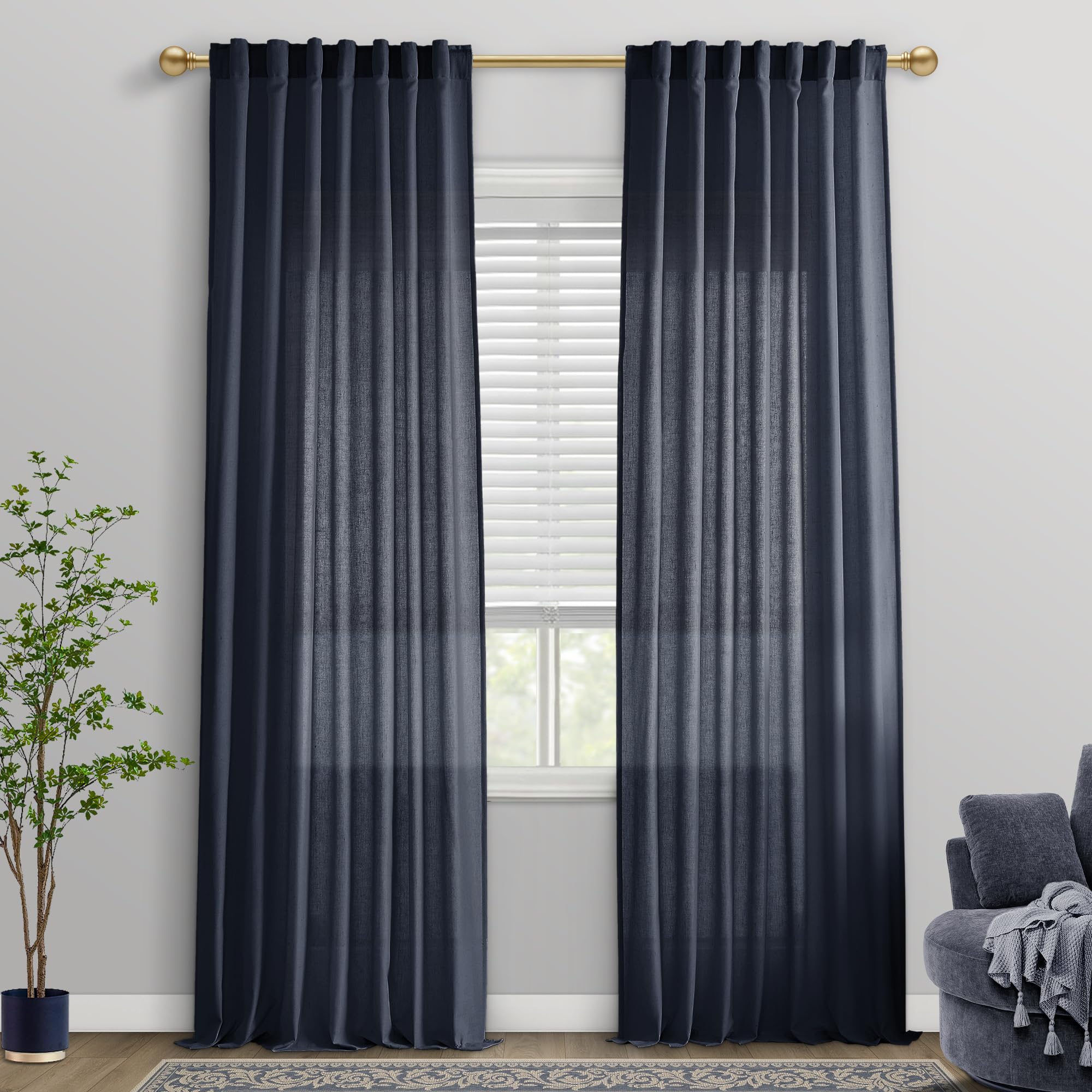 Black Linen Cotton Blend Sheer Curtains, Moody Light Filtering Drapes for Dark Academia Inspired Study Bedroom Living Room, 84 Inch Long 2 Panels Set