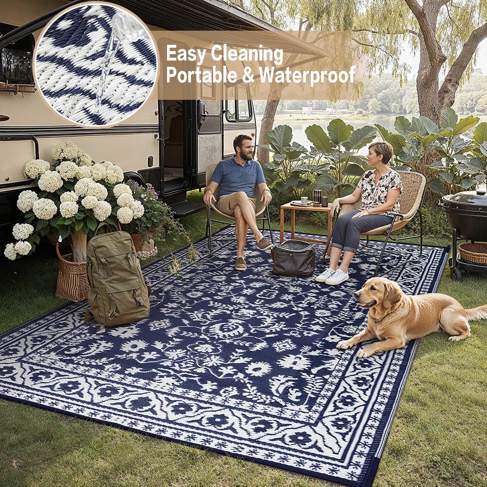 PureCozy Outdoor Plastic Straw Rug Black Beige Large Outside Waterproof Outdoor Patio 5x8 Carpet Geometric Reversible Mat Modern for Camping RV Porch Deck Balcony Beach