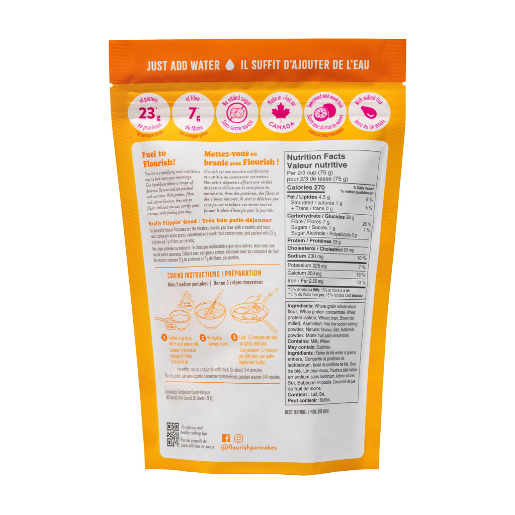 Flourish Protein Pancake & Waffle Mix, with Whey Protein & Flax Seed, No Added Sugar, High in Protein & Fiber - Just Add Water - Birthday Cake Flavour 16oz (2 pack)