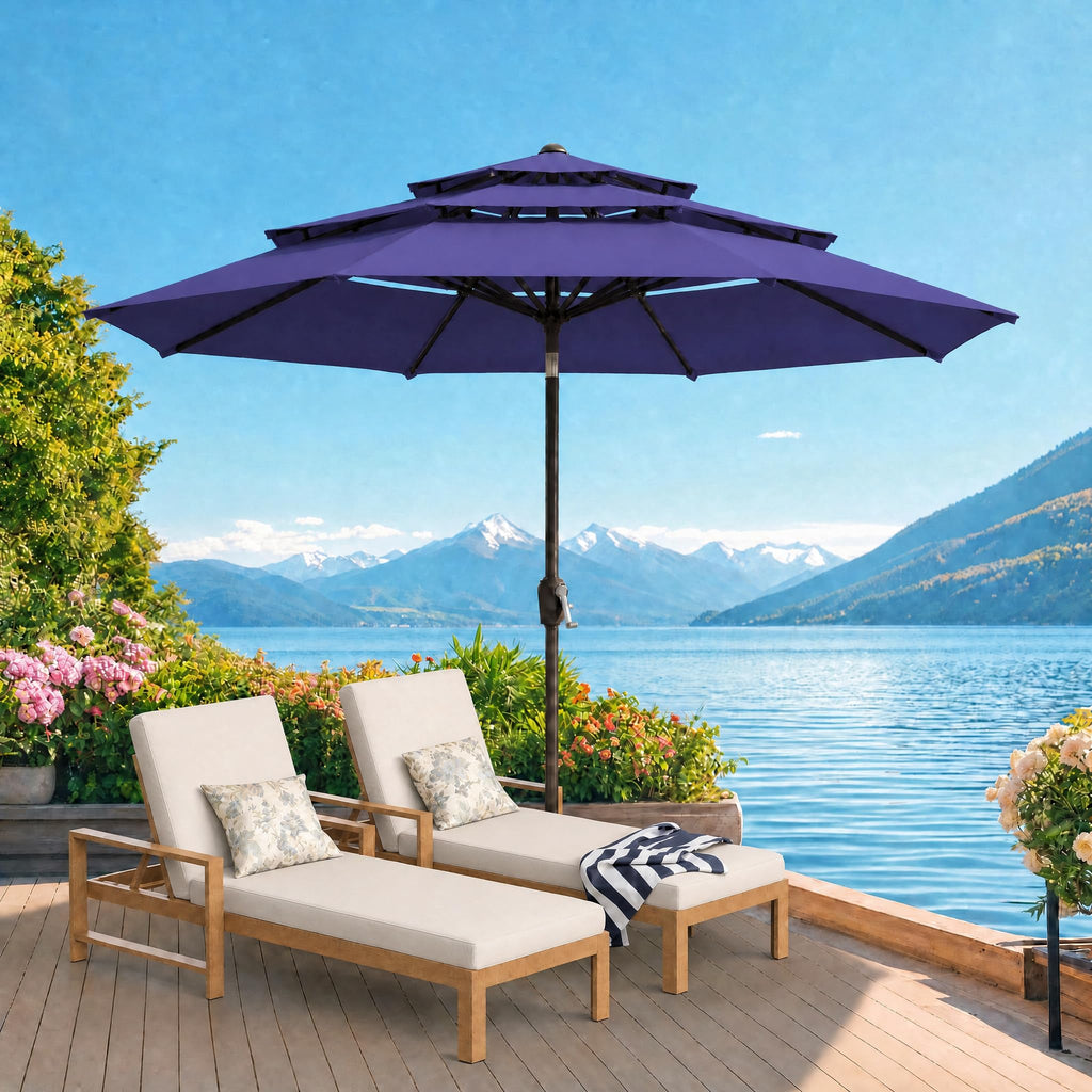 ONBRILL 10 FT Patio Umbrella, 3 Tier Outdoor Table Umbrella with 8 Sturdy Glass Fiber Ribs and Push Button Tilt, Outdoor Patio Umbrellas for Market Pool Garden Backyard, 1.5" Pole, Blue (No Base)