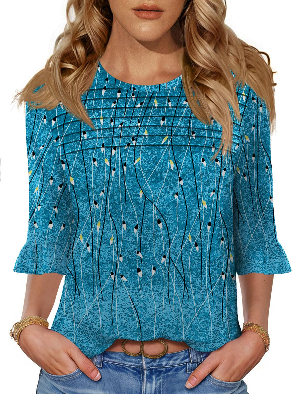 Blingfit Womens Tops 3/4 Length Sleeve Dressy Casual Shirts Bell Sleeve Front Pleated Fasion Trendy Summer Blouses 2026