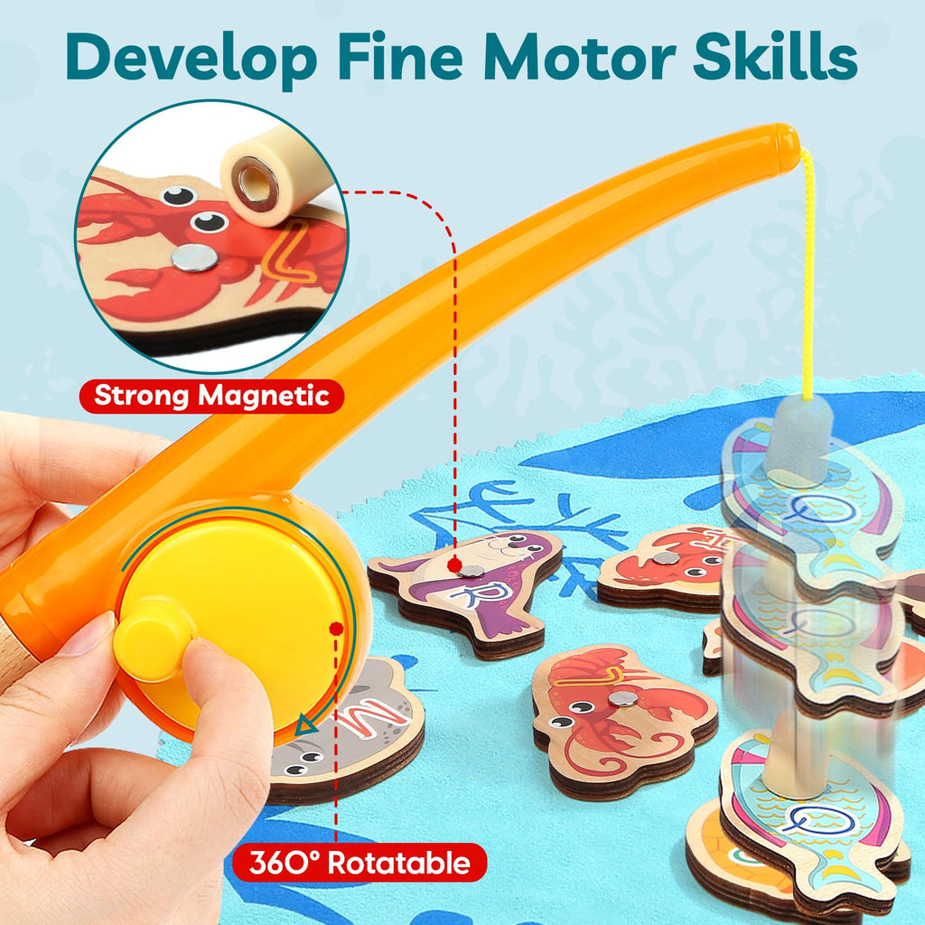 TOP BRIGHT Montessori Toddler Fishing Game - Kids Wooden Magnetic Fishing Toys Gifts for 3 Years Old Girls Boys, Fine Motor Skills for Toddler