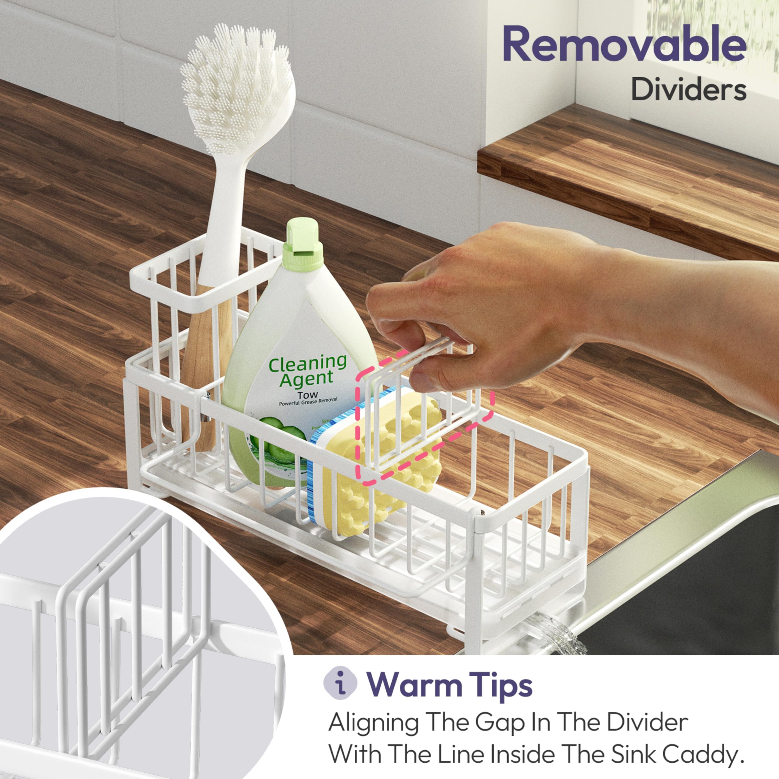 SWTYMIKI Sponge Holder for Kitchen Sink - Sink Caddy with Brush Holder Self-draining Sponge Caddy Organizer with Divider Stainless Steel Kitchen Accessories Storage for Countertop, Black