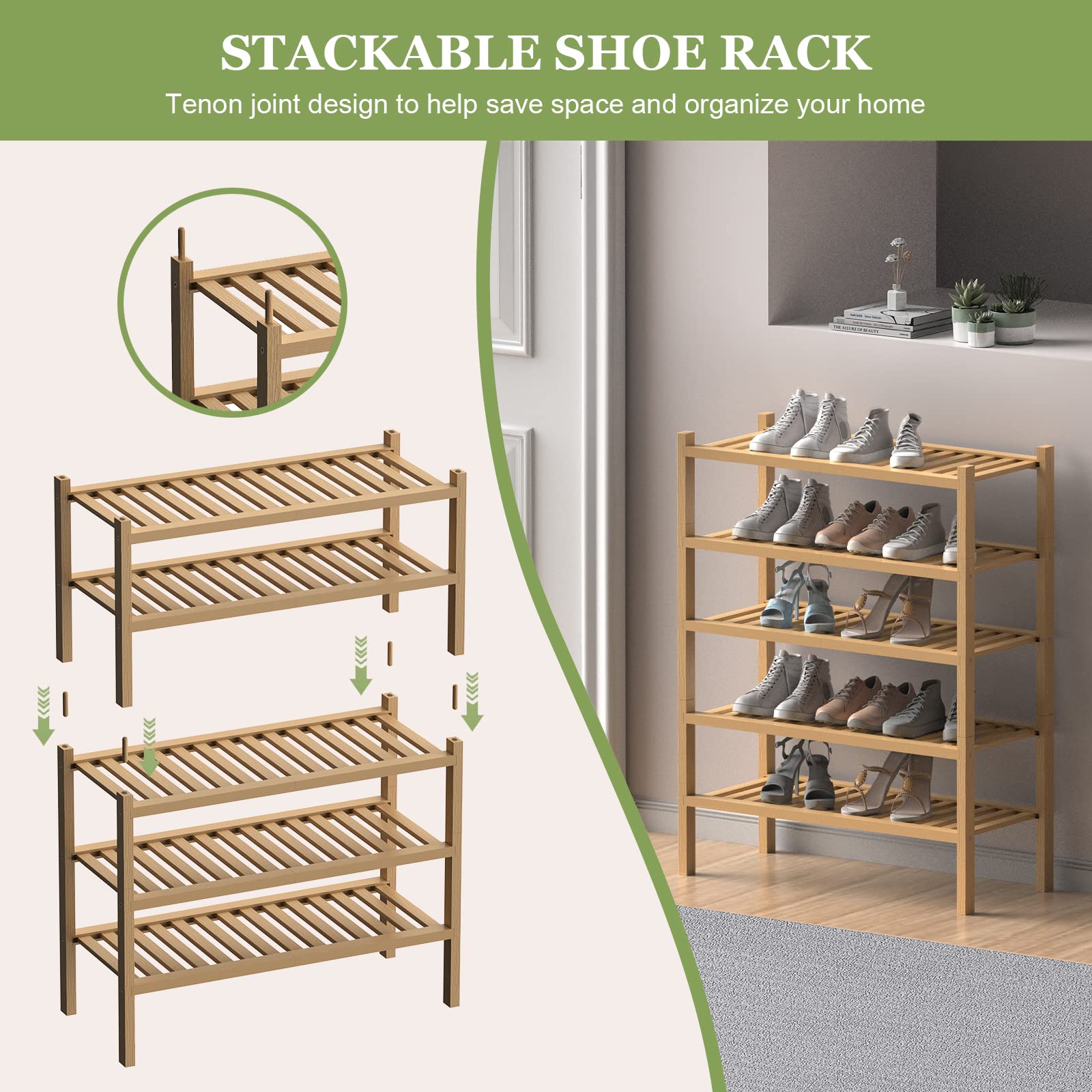 ROMGUAR CRAFT 2-Tier Bamboo Long Shoe Rack, Free Standing Wood Shoe Shelf Storage Organizer for Closet Entryway Stackable 35"x11"x13" (Black)