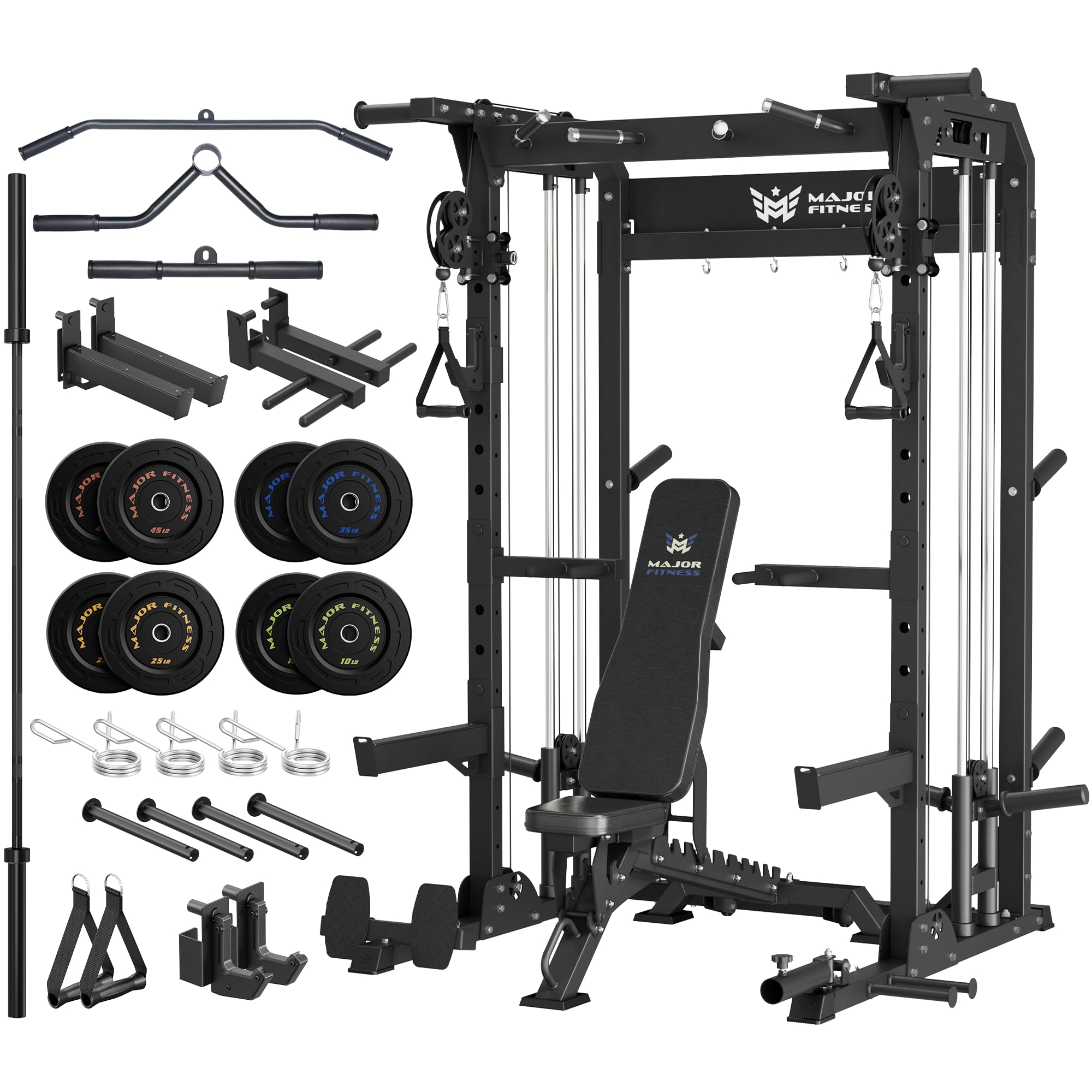 MAJOR FITNESS F22 Power Rack, 1600lbs All-in-One Squat Rack with Dual Pulley System, Heavy-Duty Steel Frame, Attachments & Storage for Home Gym Strength Training