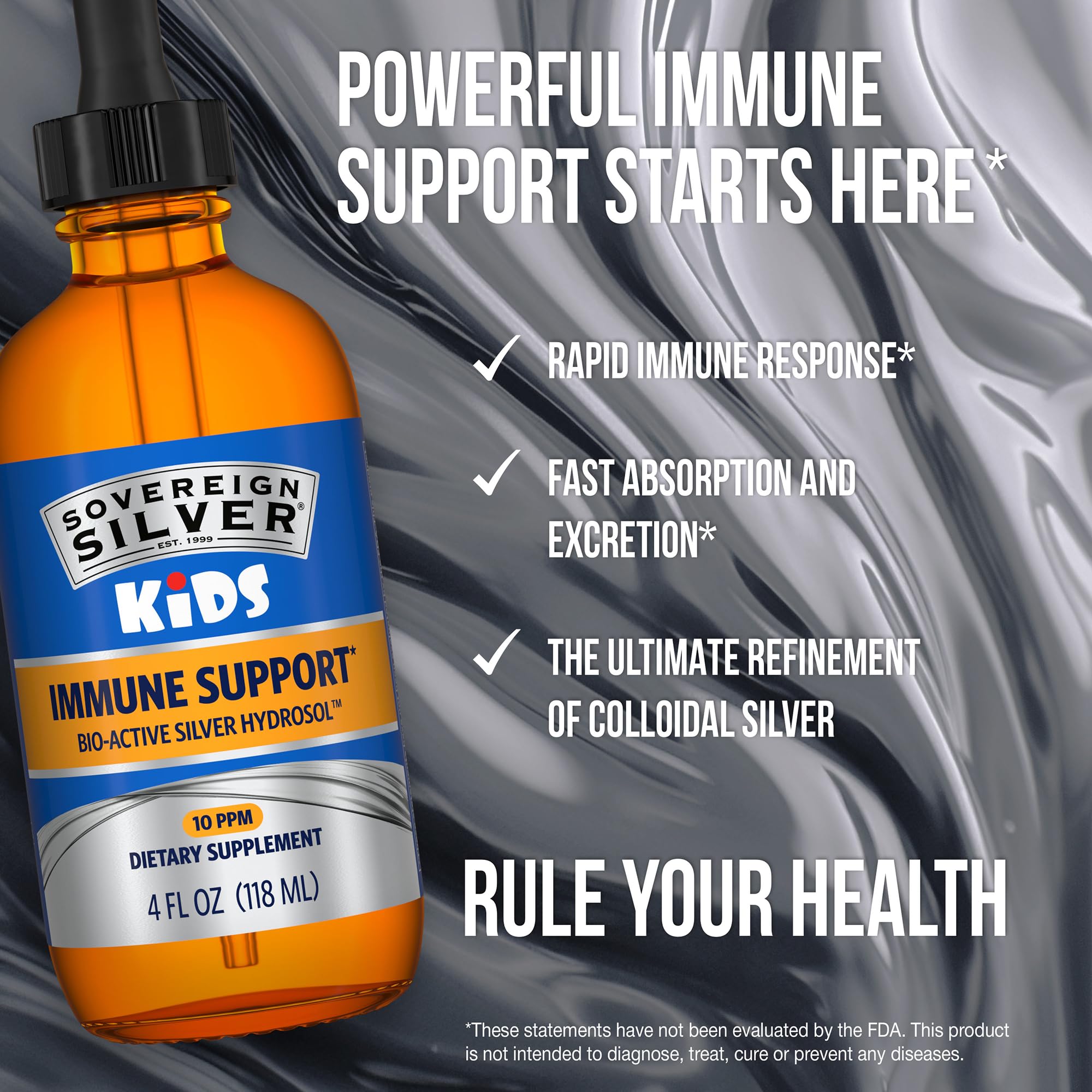 Sovereign Silver Kids Immune Support - Colloidal Silver, Bio-Active Silver Hydrosol, 10 ppm, Liquid Dropper, 4 Fl Oz, (118 mL)
