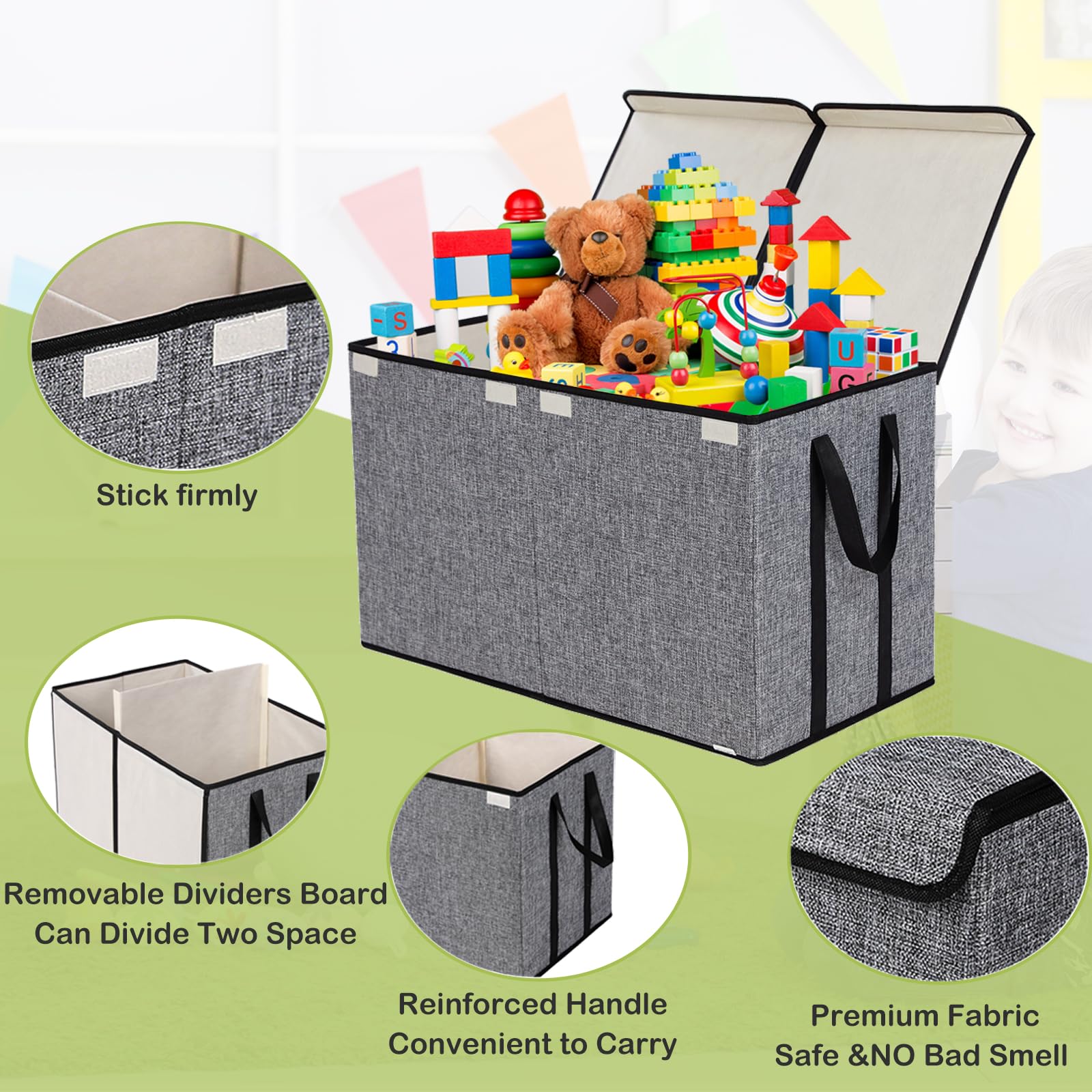 YOLOXO Toy Box Chest, Collapsible Sturdy Storage Bins with Lids, Extra Large Kids Toy Storage Organizer Boxes Bins Baskets for Kids, Boys, Girls, Nursery Room, Playroom, Closet (BLACK)