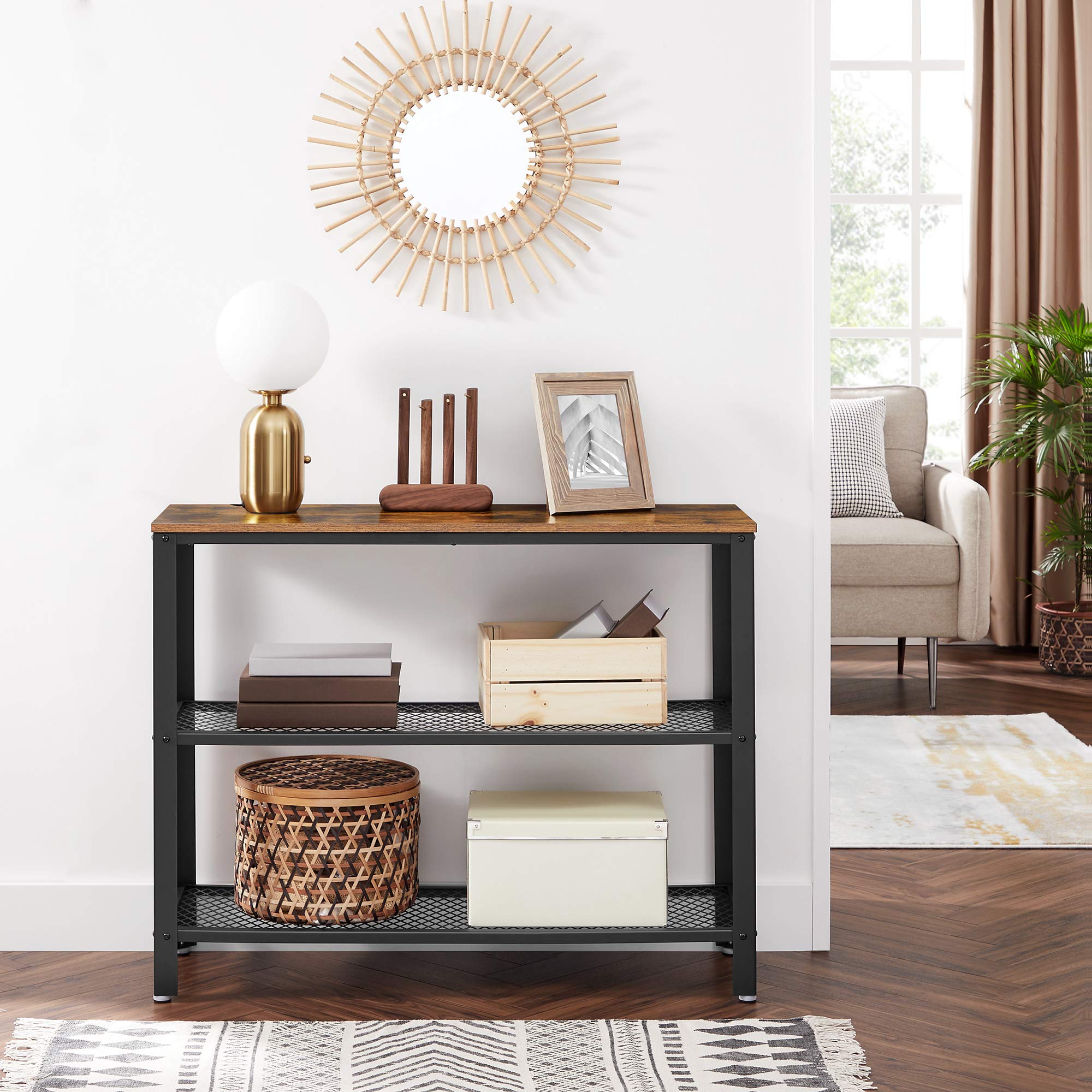 VASAGLE 40" Industrial Console Table, 3 Tier Entryway Table with Storage Shelf, Narrow Sofa Table for Living Room, Hallway, Entrance Hall, Corridor, Bedroom, Greige and Black ULNT081B02