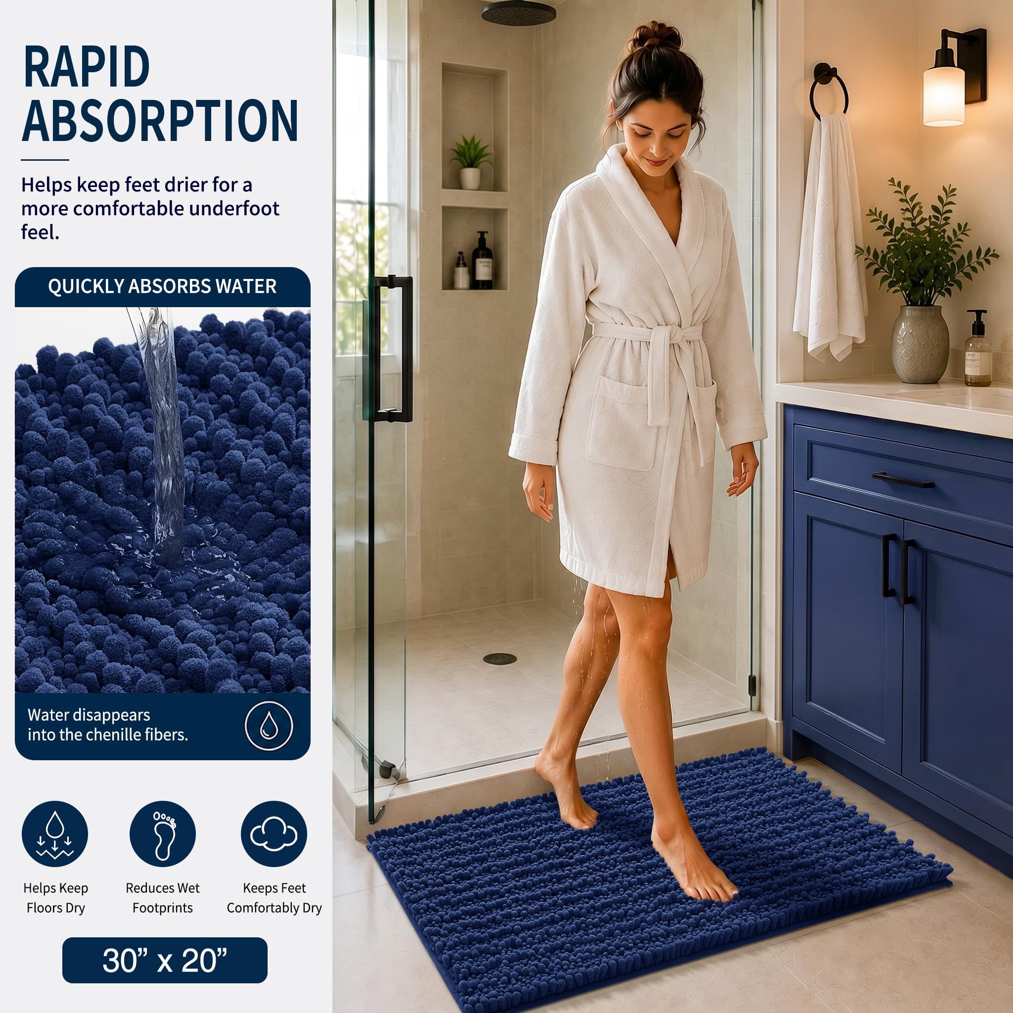 Yimobra Black Bathroom Rug Set 3 Piece - Super Absorbent Quick Dry Chenille Bath Mats & Toilet Rug, Non Slip Machine Washable, Extra Thick Shaggy Floor Mat for Shower Tub Sink