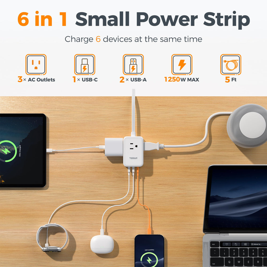 TESSAN Small Flat Plug Power Strip, Ultra Thin Extension Cord 5 ft, 3 AC Outlets with 3 USB Ports (1 USB C), Multiple Wall Outlet Extender for Cruise Travel Office School Dorm Room Essentials, Black