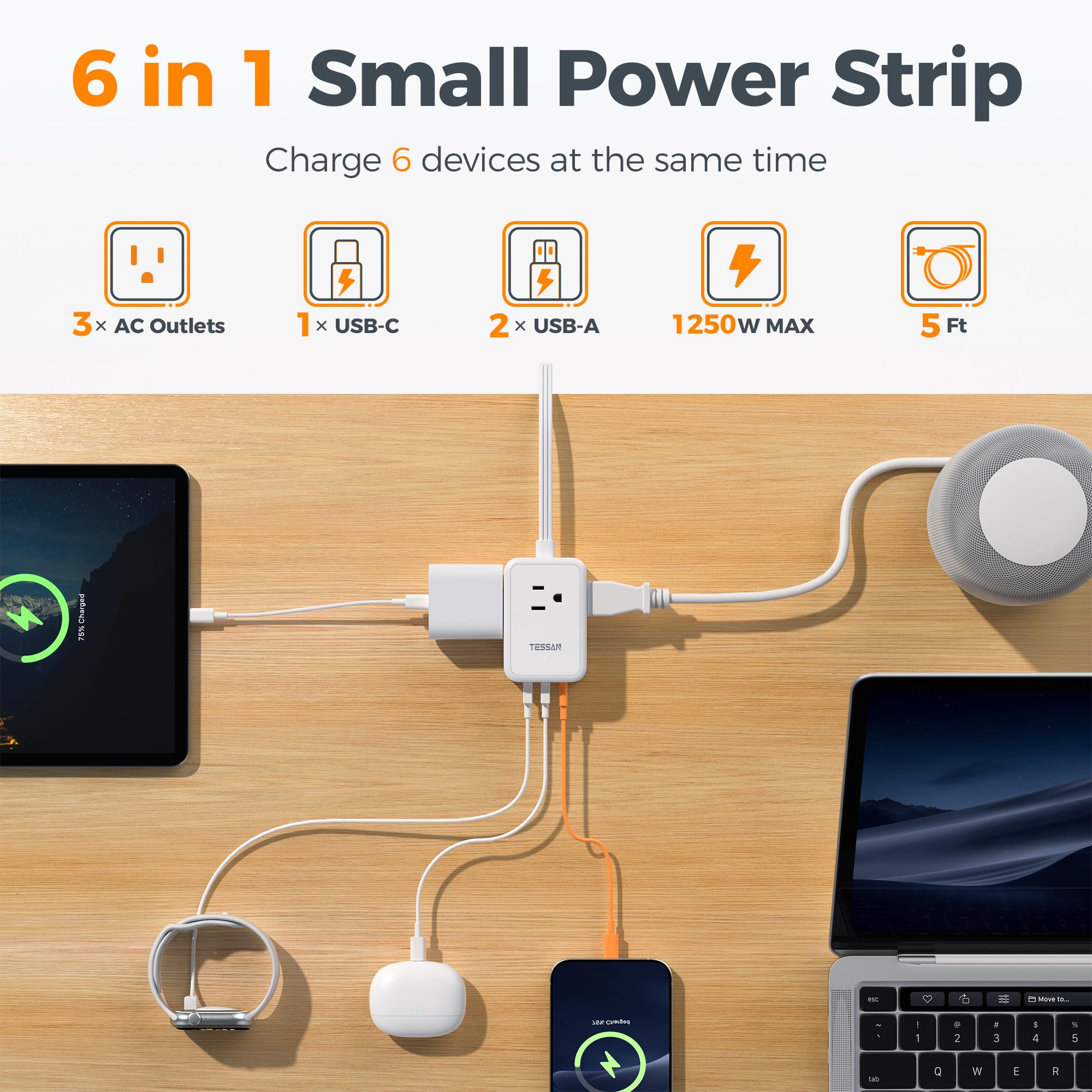 TESSAN Small Flat Plug Power Strip, Ultra Thin Extension Cord 5 ft, 3 AC Outlets with 3 USB Ports (1 USB C), Multiple Wall Outlet Extender for Cruise Travel Office School Dorm Room Essentials, Black