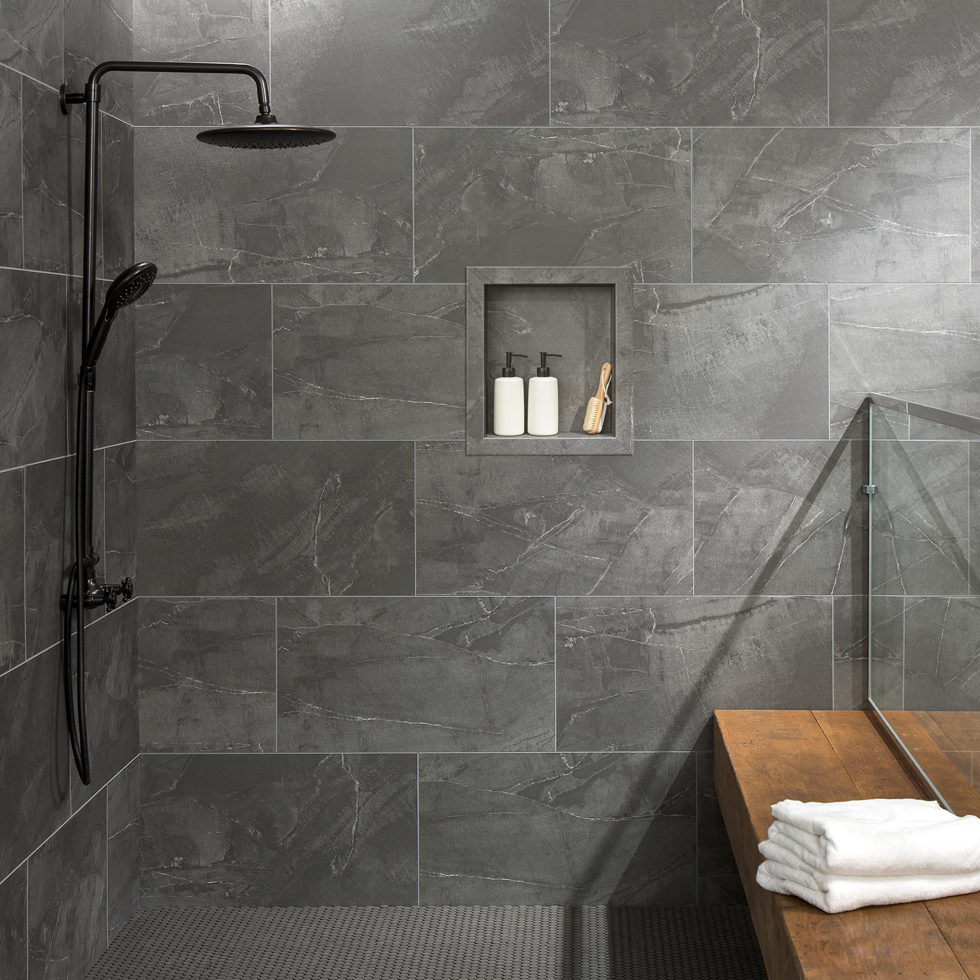 Palisade 17.5 in x 15.5 in Vinyl Shower Niche Ashen Slate | Waterproof Shower Insert
