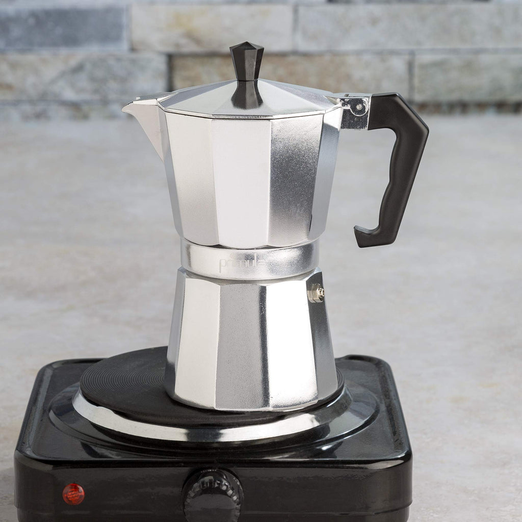 Primula Classic Moka Pot Stovetop Espresso and Coffee Maker, Italian and Cuban Cafetera for Rich Espresso Brewing, Durable Aluminum Greca Coffee Maker with Easy Grip Handle, 6-Cup, Black