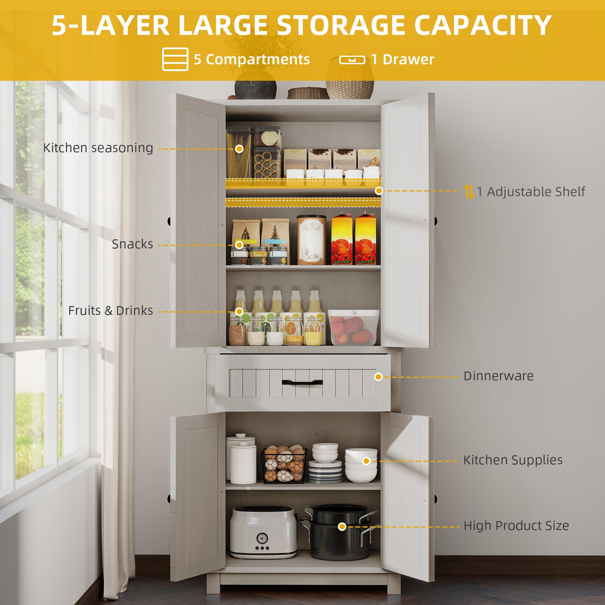 DWVO Farmhouse Kitchen Pantry Cabinet, 64.5" Tall Storage Cabinet with 2 Drawers and Adjustable Shelves, Versatile Storage for Living Room, Dining Room or Hallway, Oak Black