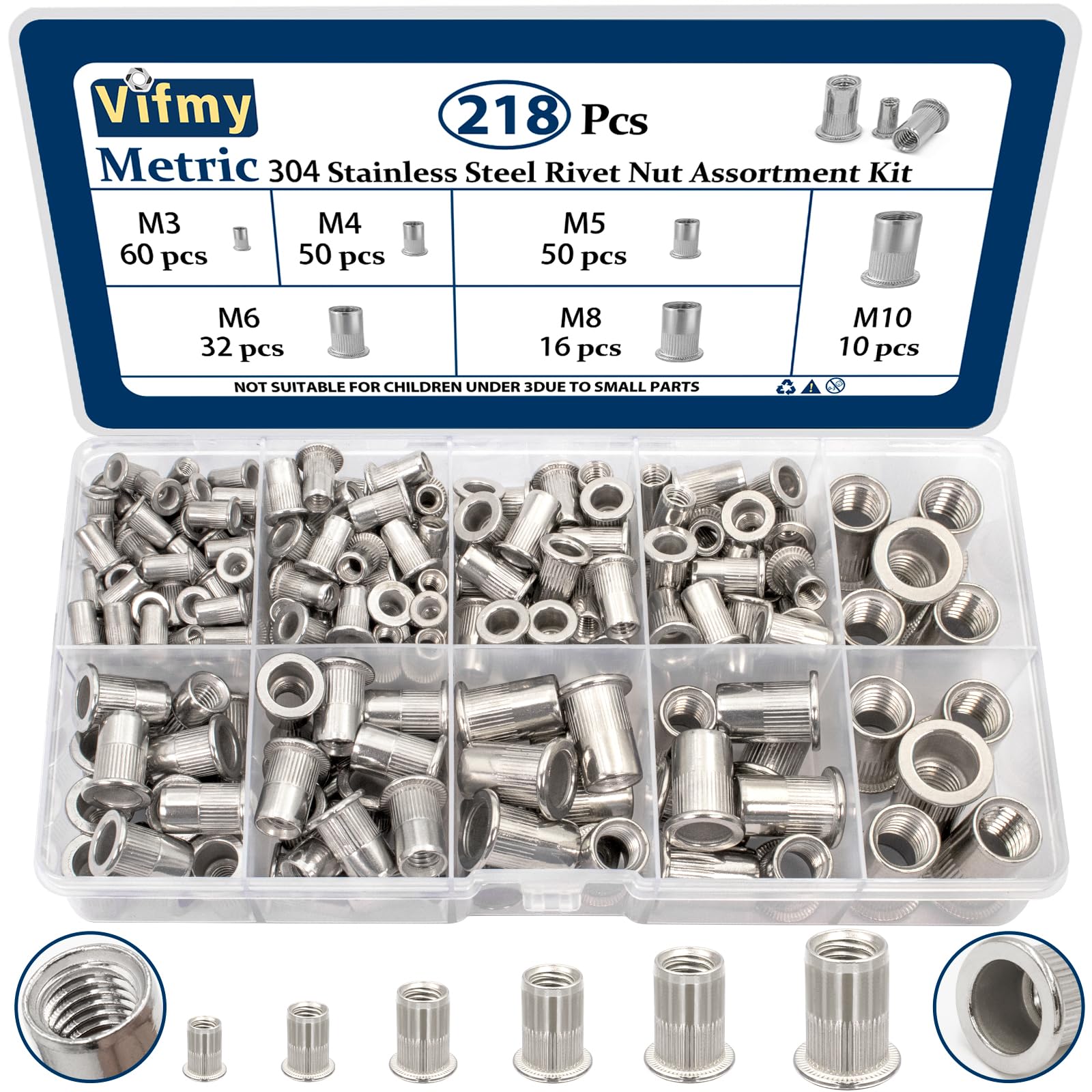 1/2''-13 UNC Rivet Nut, 10Pcs 304 Stainless Steel Flat Head Rivnut Threaded Insert Nutsert