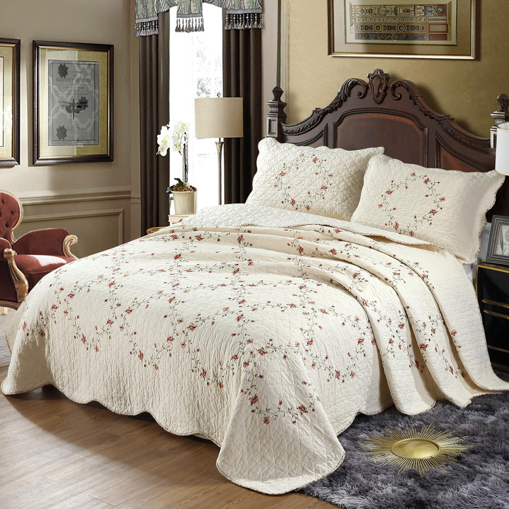 vctops 3-Piece Floral Embroidered Bedspread Coverlet Set Twin Size 100% Cotton Reversible Patchwork 1 Quilt and 2 Pillow Shams (Flower,Twin)