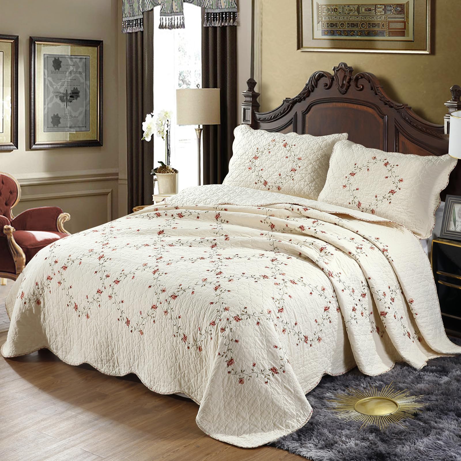vctops 3-Piece Floral Embroidered Bedspread Coverlet Set Twin Size 100% Cotton Reversible Patchwork 1 Quilt and 2 Pillow Shams (Flower,Twin)