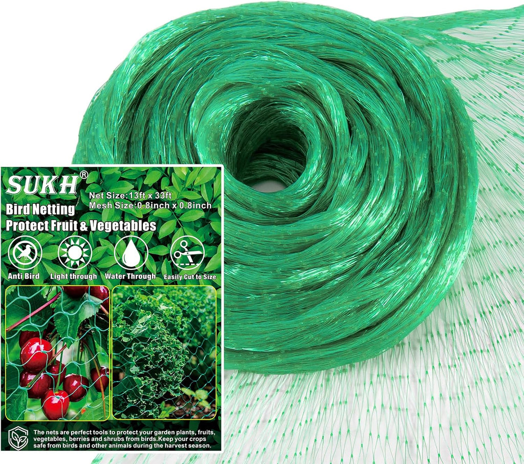 Bird Netting for Garden 13x33ft - Sukh Garden Netting Mesh for Garden Protection Bird Fence Plant Netting Chicken Coop Deer Squirrels Poultry Protect Fruit Trees Vegetable
