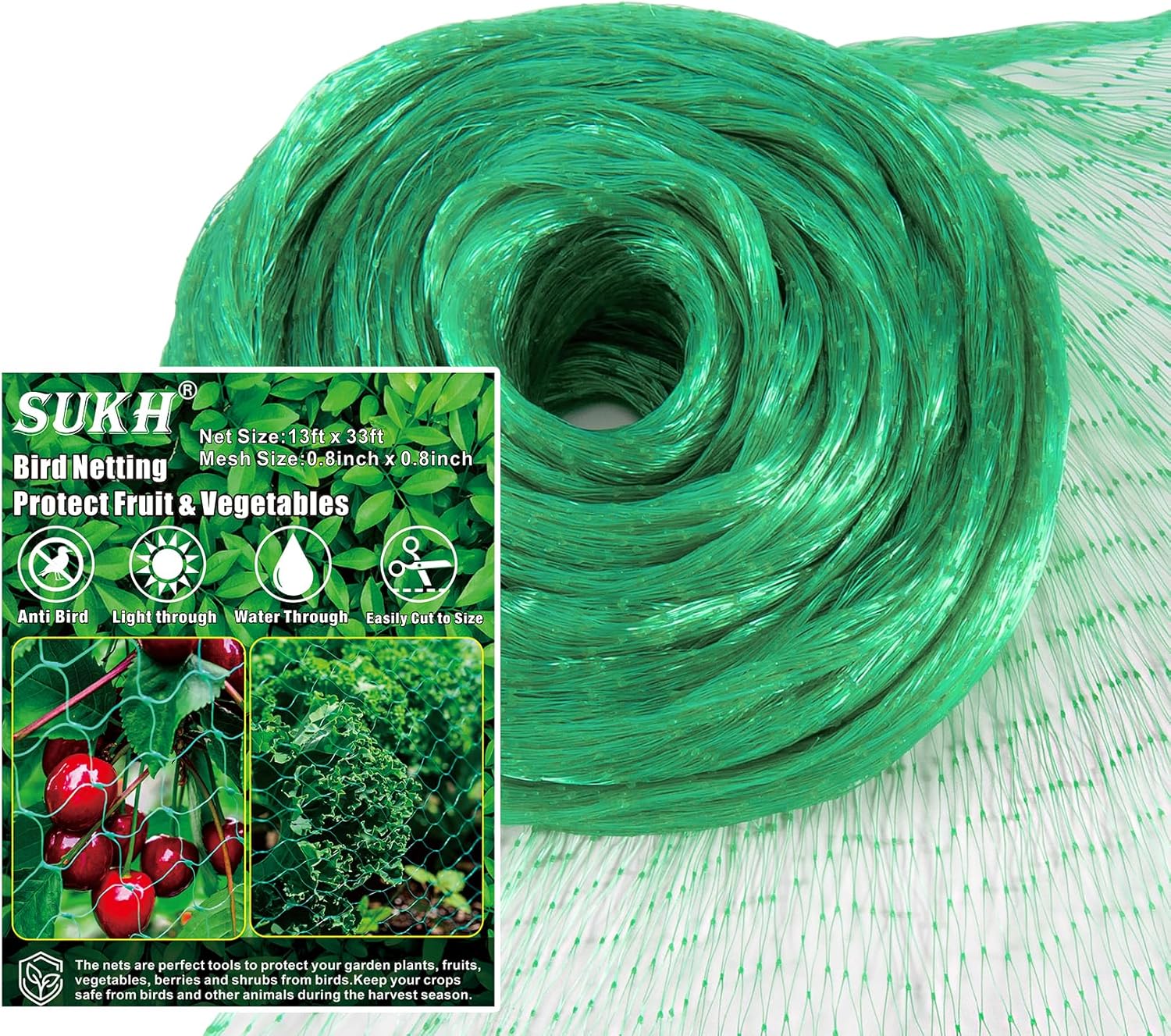 Bird Netting for Garden 13x33ft - Sukh Garden Netting Mesh for Garden Protection Bird Fence Plant Netting Chicken Coop Deer Squirrels Poultry Protect Fruit Trees Vegetable