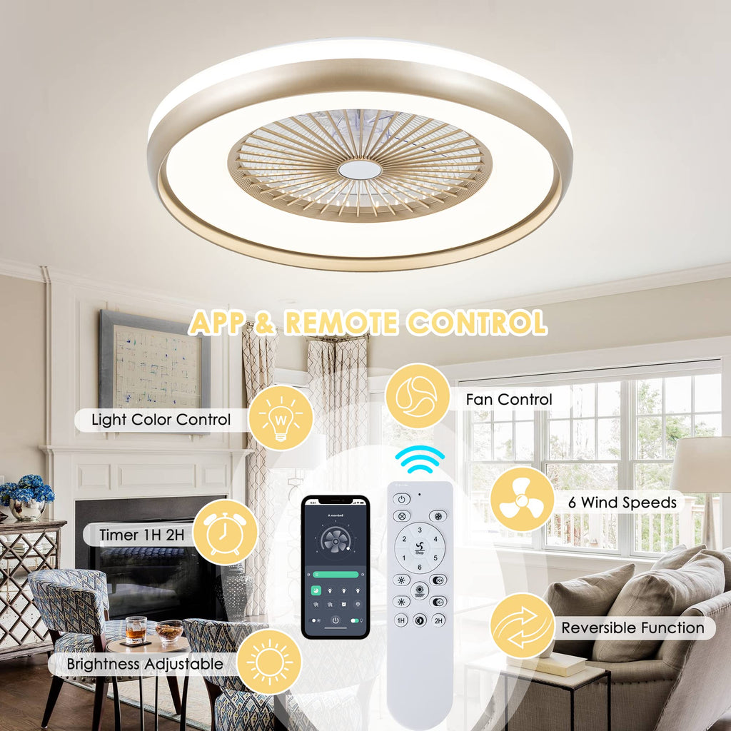 24" Bladeless Ceiling Fan with Light Remote, Smart LED Ceiling Fans with App Control, Modern Low Profile Dimmable Light Ceiling Fan for Bedroom Living Room Gold