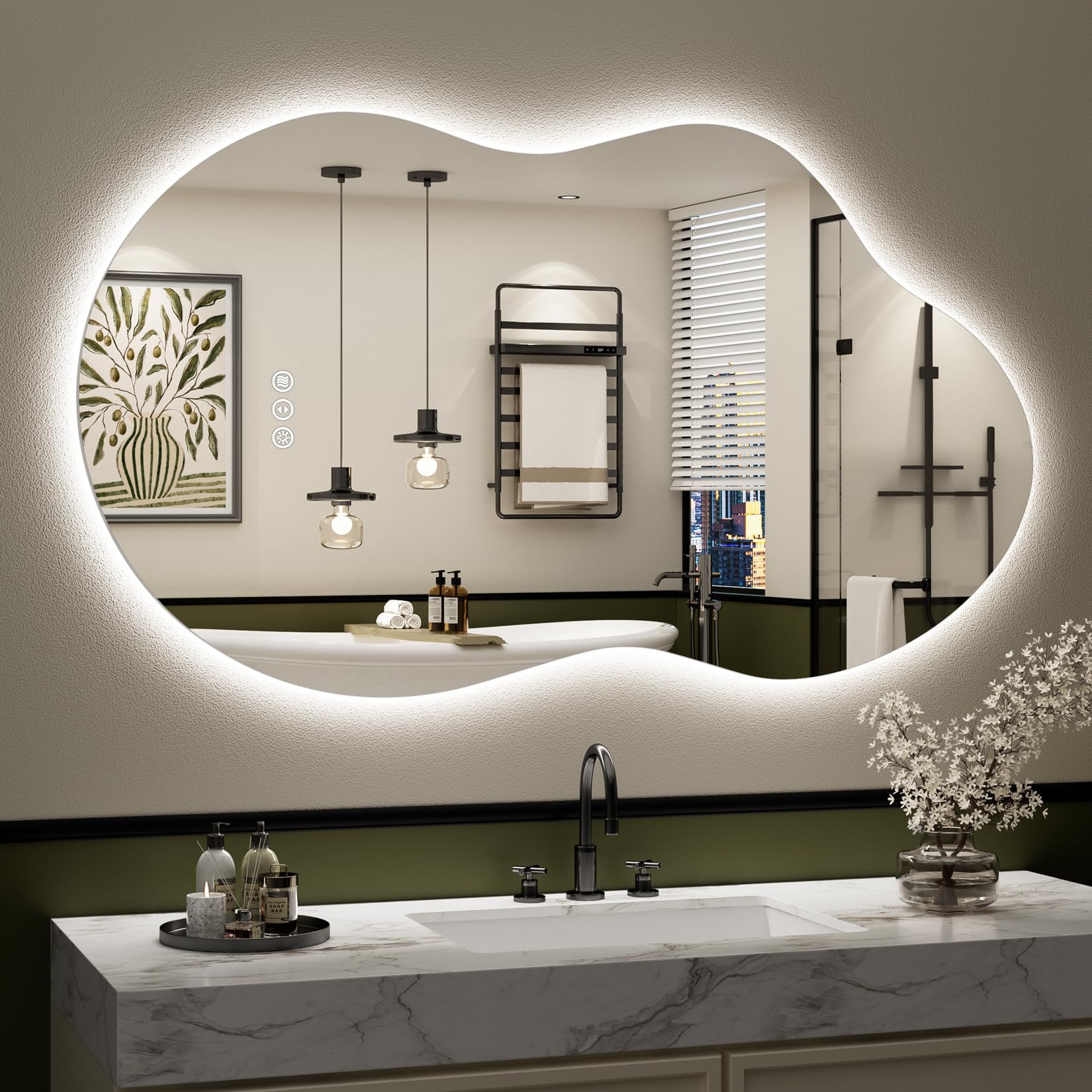 24x32 Black Framed LED Bathroom Mirror with Lights, Backlit and Front Lit Anti-Fog Lighted Vanity Mirrors for Bathroom Wall, Dimmable, 3 Colors, Memory, HD Tempered Glass, Horizontal/Vertical