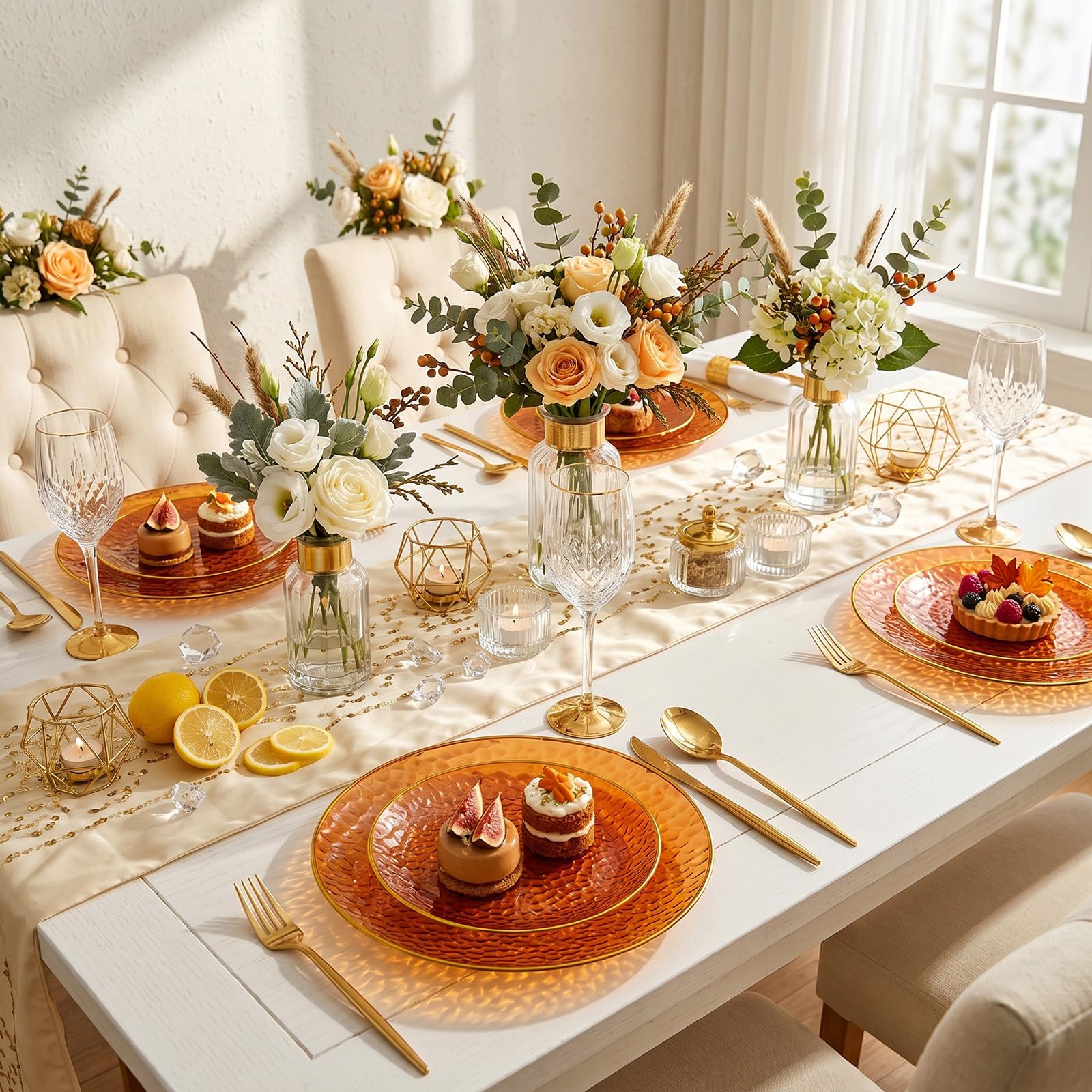 Rubtlamp 100Pcs Amber Gold Plastic Plates, Disposable Plates With Gold Rim, Heavy-duty Party Platos, Hammered Plastic Plates Include 50 Clear Dessert Plates, 50 Dinner Plates for Party