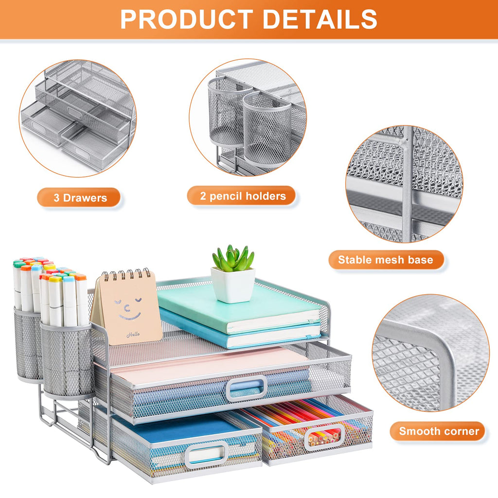 Marbrasse 3 Tier Mesh Desk Organizer with Drawer, Multi-Functional Desk Organizers and Accessories, Paper Letter Organizer with 2 Pen Holder for Home Office Supplies (Black)