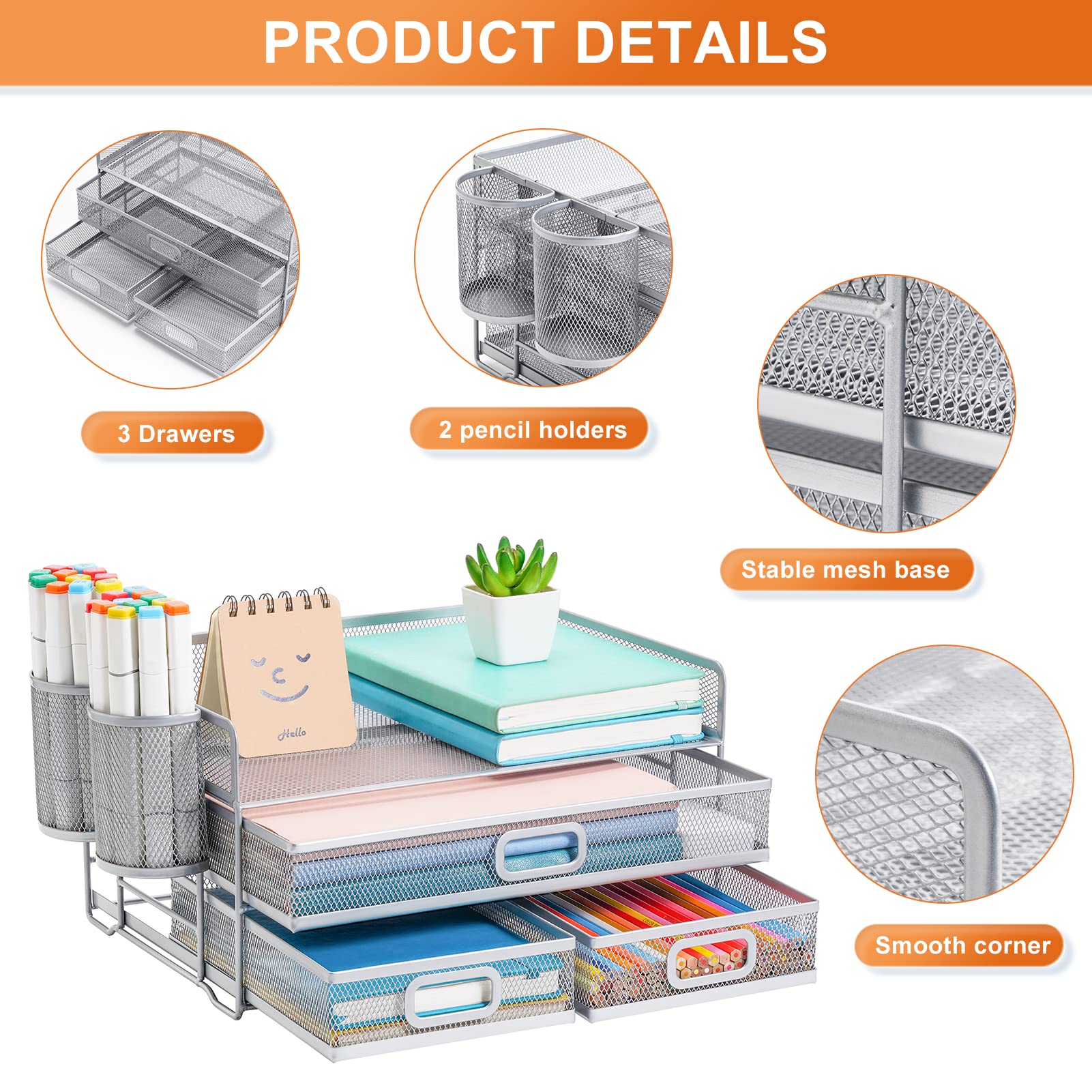 Marbrasse 3 Tier Mesh Desk Organizer with Drawer, Multi-Functional Desk Organizers and Accessories, Paper Letter Organizer with 2 Pen Holder for Home Office Supplies (Black)