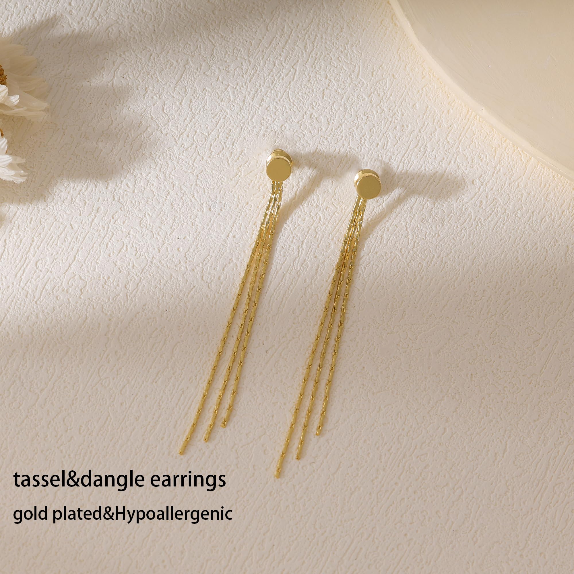 Gold Earrings for Women, 14K Gold Plated Tassel Dangle Earrings for Women Trendy Hypoallergenic Long Chain Earring Dainty Pearl Drop Earrings Elegant Wedding Earring Fashion Jewelry for Womens