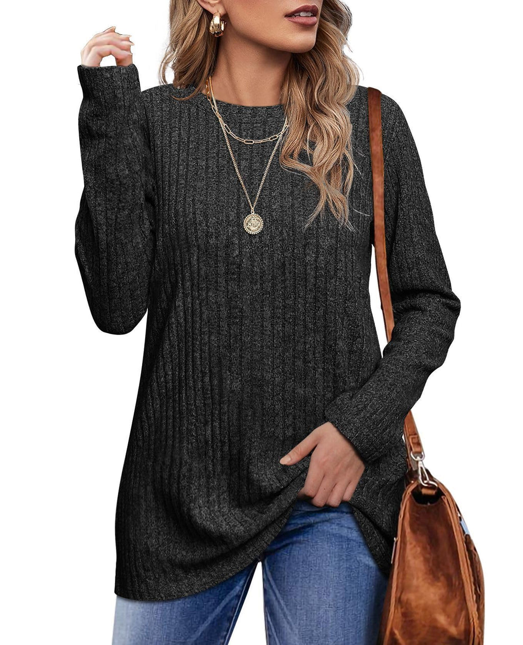 OFEEFAN Long Sleeve Shirts for Women Loose Fit Crew Neck Tunic Tops Blouse Dressy Casual Fall Winter Clothes Outfits