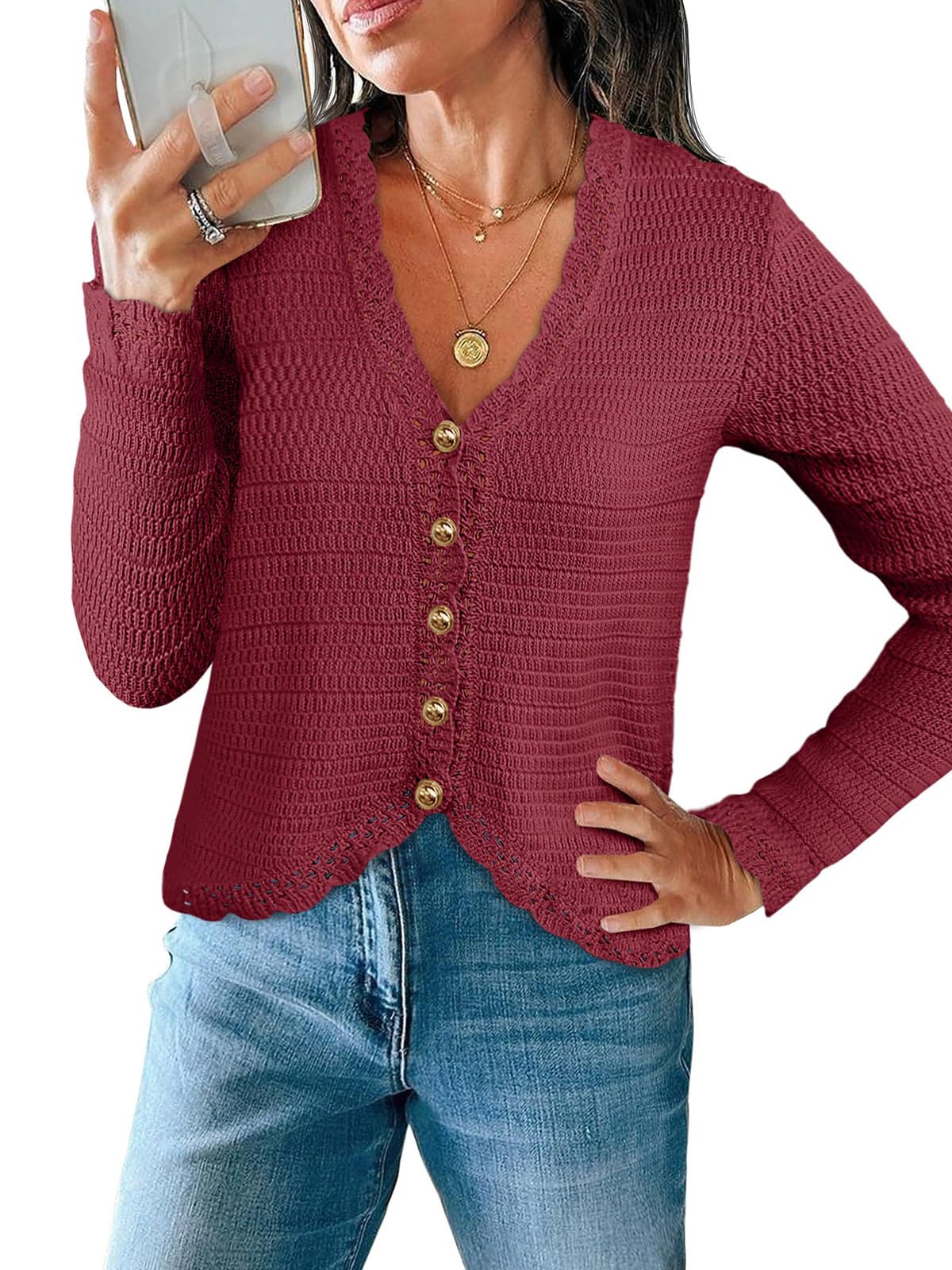 Saodimallsu Womens V Neck Cardigan Sweaters Button Up Cropped Boho Knit Long Sleeve Loose Trendy Sweater Tops