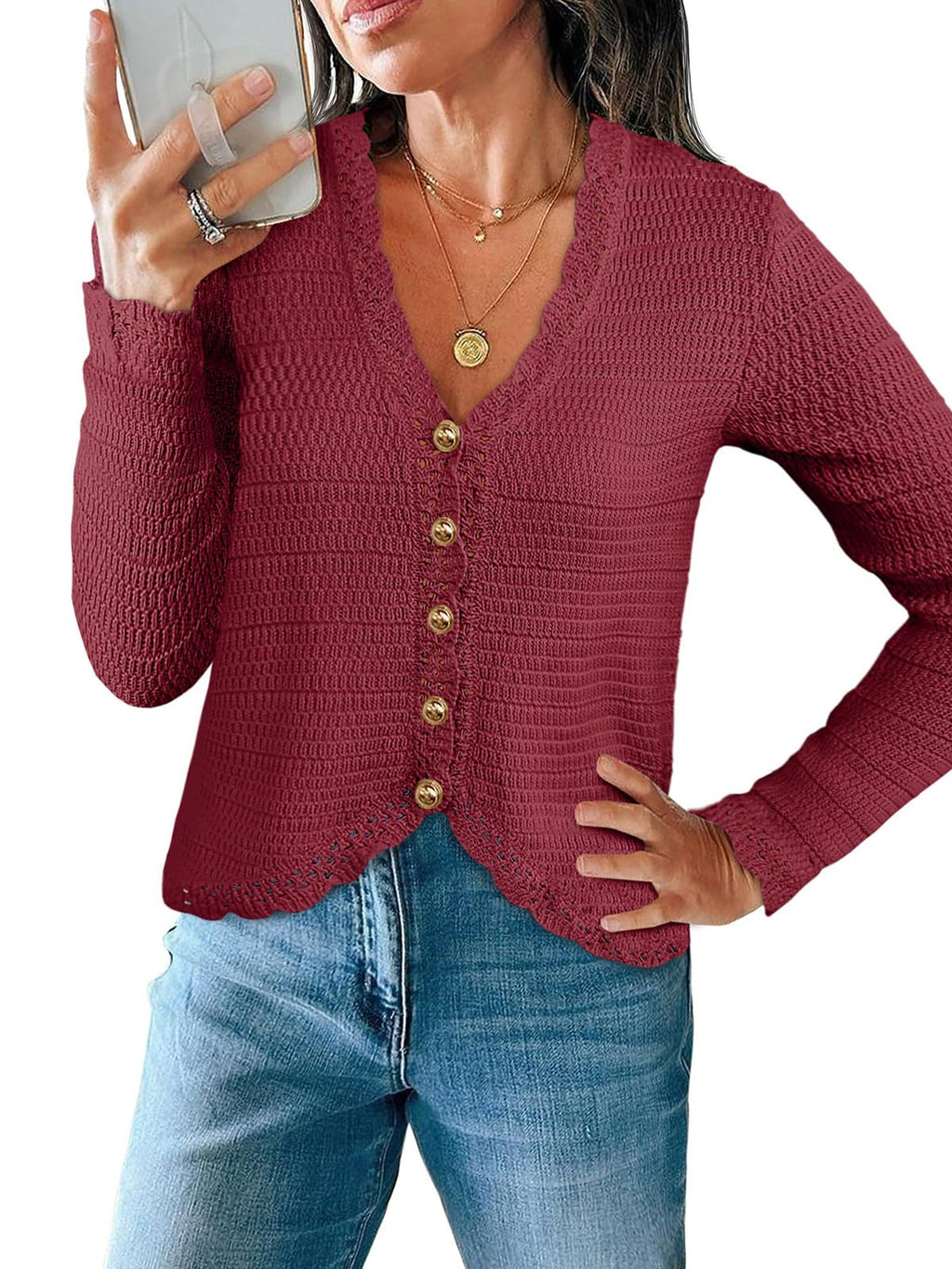 Saodimallsu Womens V Neck Cardigan Sweaters Button Up Cropped Boho Knit Long Sleeve Loose Trendy Sweater Tops