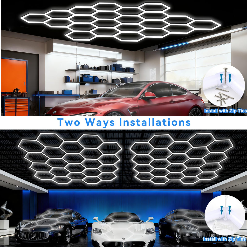 LZHOME LED Hexagon Garage Light: 12700LM Car Detailing Shop Light, DIY Splicing Ceiling & Wall Decor Lights, for Workshop Basement Gym Warehouse Bar Gaming Room