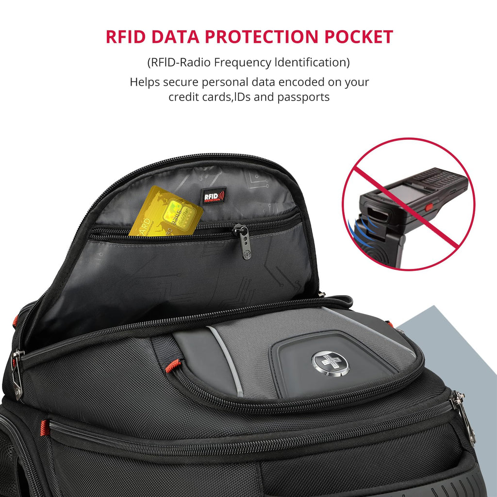 Swissdigital Design Travel Backpack for Women or Men, TSA Friendly USB Charging RFID Protection Business Carry on Bag Fits 15.6" Laptop Backpack Black | J14-BR