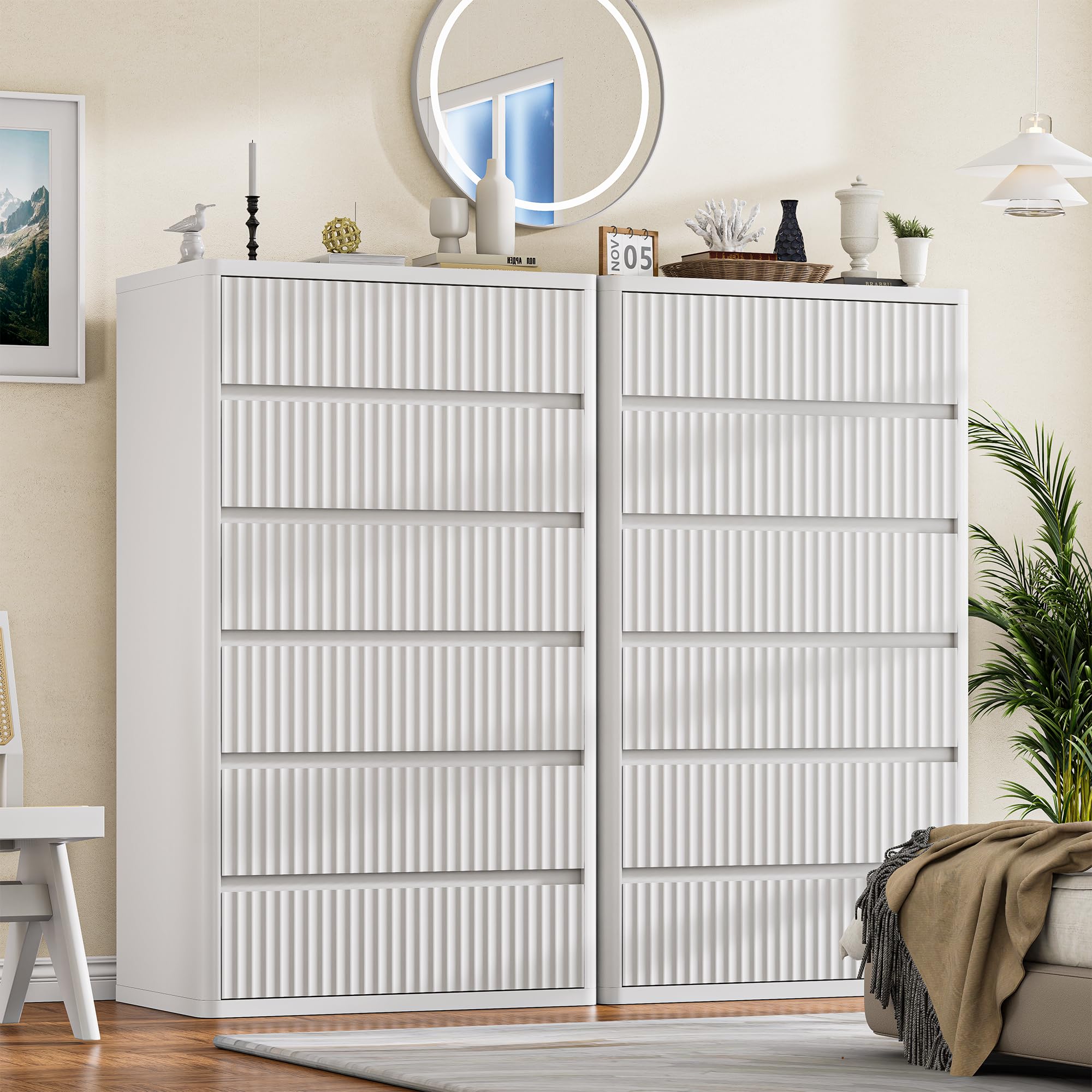 Standifurno Black 56" Tall Dresser for Bedroom, Fluted Modern 6 Drawers Deep Dressers, Wood Chest of Drawers with Handleless, Curved Profil Storage Closet Dressers for Bedroom, Living Room, Hallway