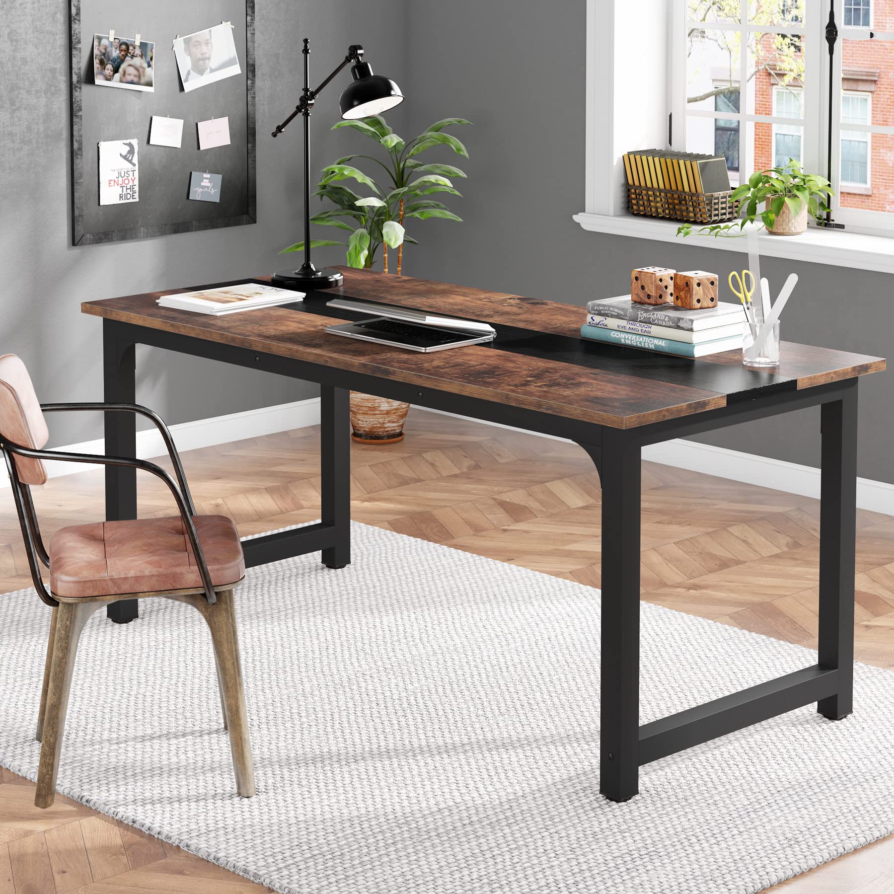 Tribesigns 63” Executive Desk, Large Office Computer Desk with Thicken Frame, Modern Simple Workstation Business Furniture for Home Office, Rustic Brown/Black