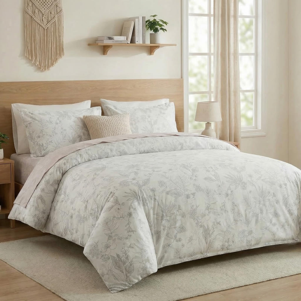 100% Natural Cotton Comforter Set Queen 3 Pcs Grayish Blue Bedding Sets with Luxurious Damask Pattern, Reversible Breathable Soft Comforter Sets for All Season