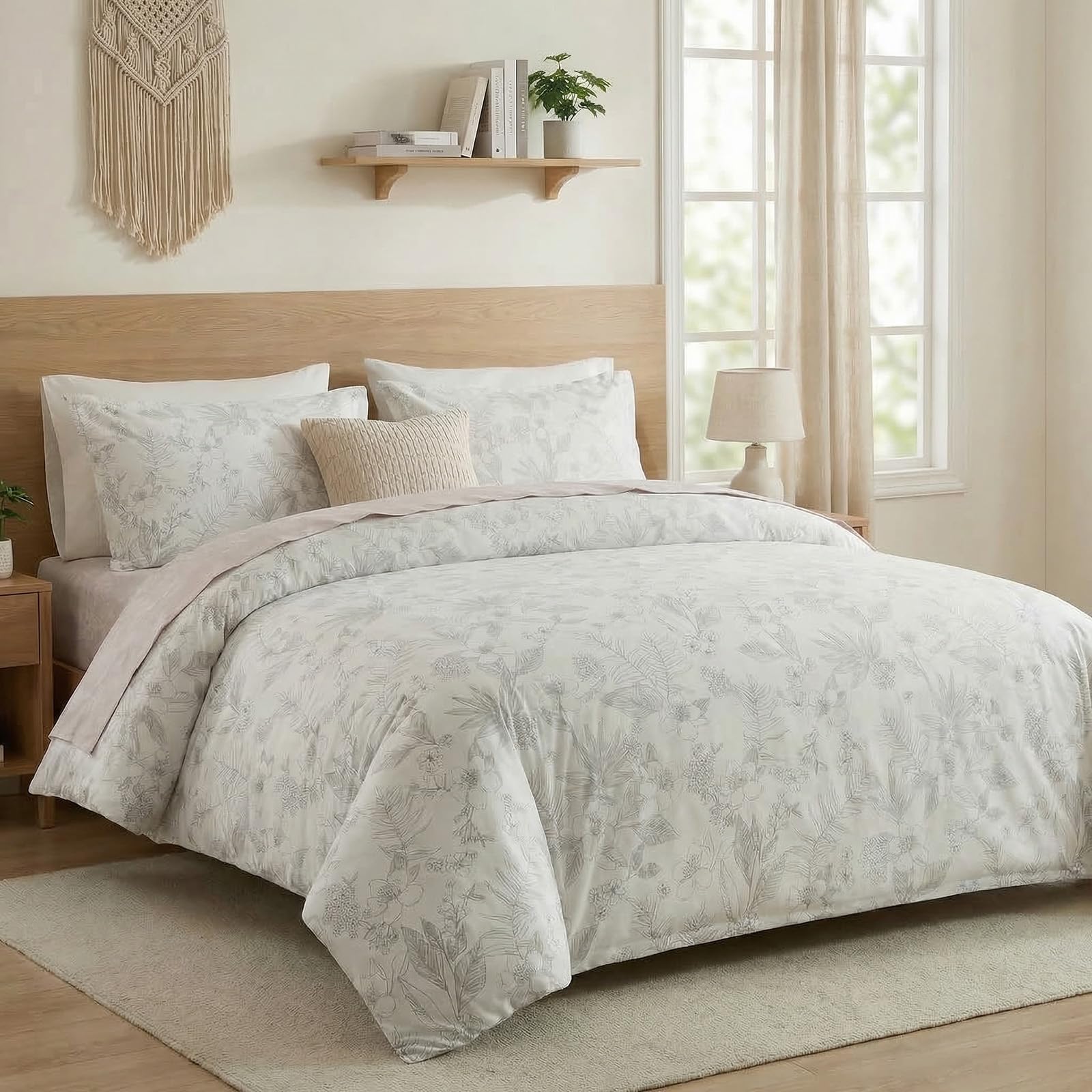 100% Natural Cotton Comforter Set Queen 3 Pcs Grayish Blue Bedding Sets with Luxurious Damask Pattern, Reversible Breathable Soft Comforter Sets for All Season