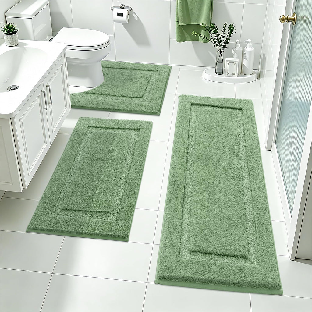 SHACOS Black Bathroom Rugs Sets 3 Piece, 16"x24" + 20"x32" Non Slip Bath Mat and 20"x24" Toilet Rugs U Shaped Washable, Soft Fluffy Water Absorbent Bath Rugs for Bathroom