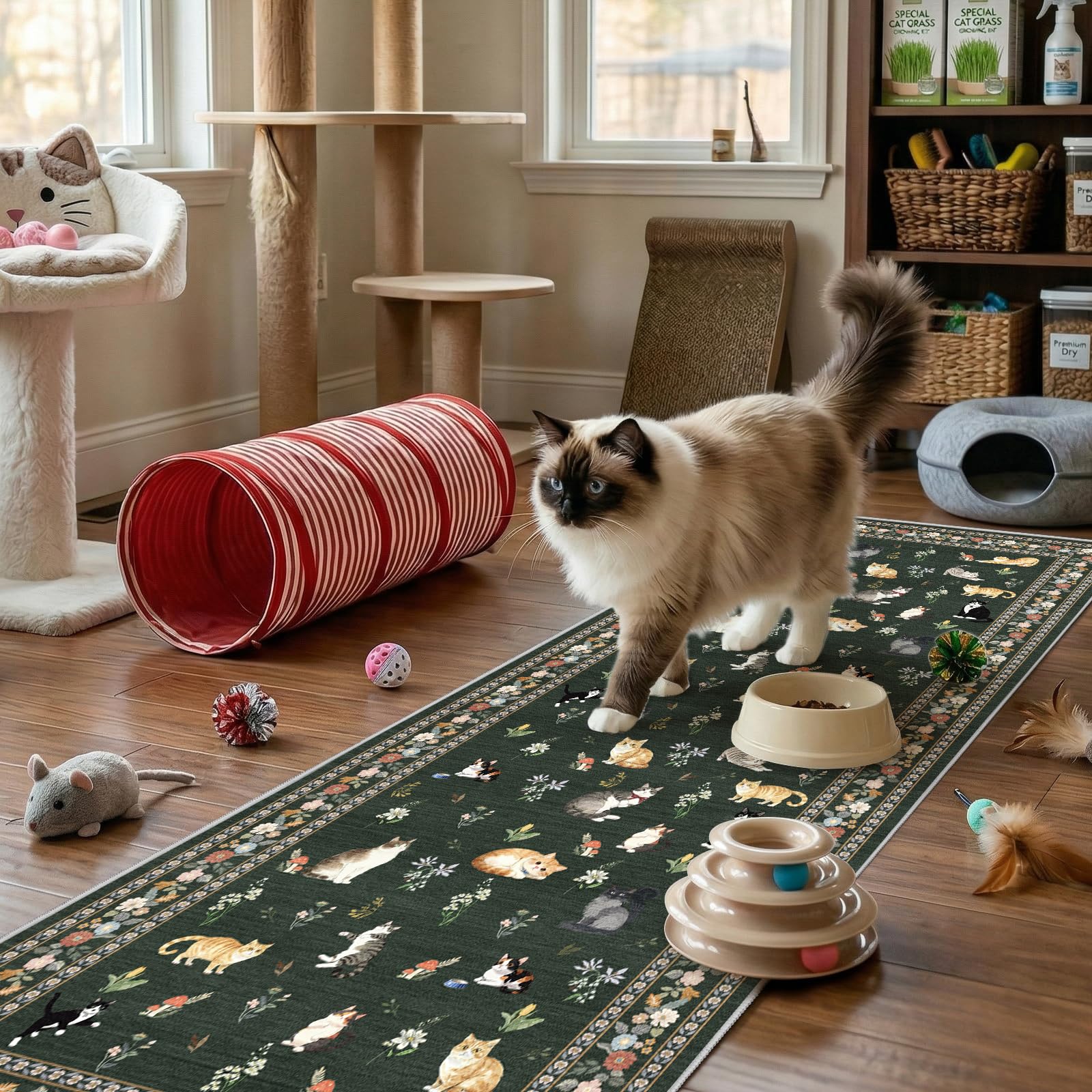 2x5 Washable Kitchen Runner Rug - Soft Low Pile Floral Animal Cat Print Rugs with Non-Slip Backing Waterproof Stain-Resistant Indoor Carpet for Hallway Entryway Bathroom Bedroom (Black)