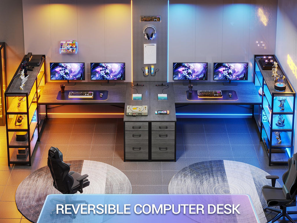 SEDETA L Shaped Gaming Desk, Reversible U Shaped Computer Desk with Power Outlet and Storage Shelves, Corner Gaming Desk with LED Lights, 3 Fabric Drawers, Black